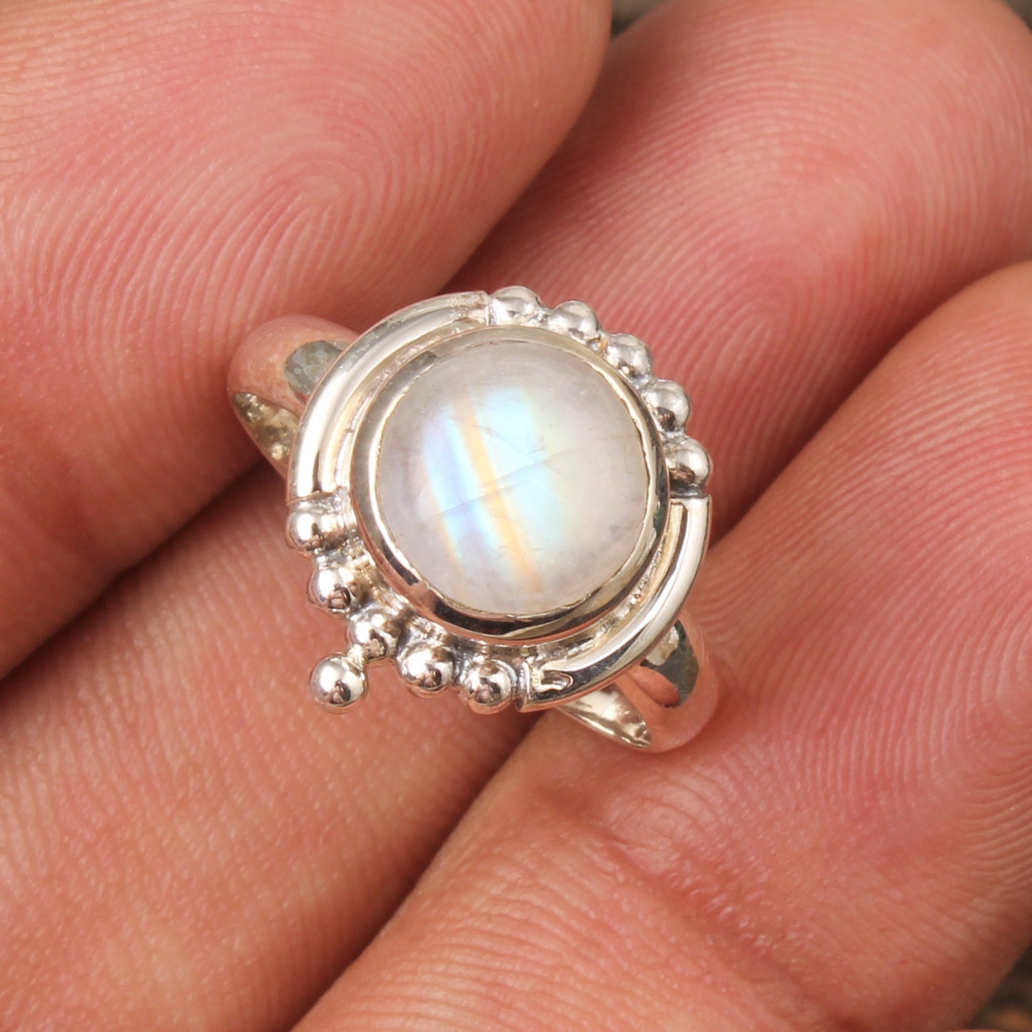 Bohemian Rainbow Moonstone Ring Handmade 925 Sterling Silver Natural Round Shape Gemstone Ring