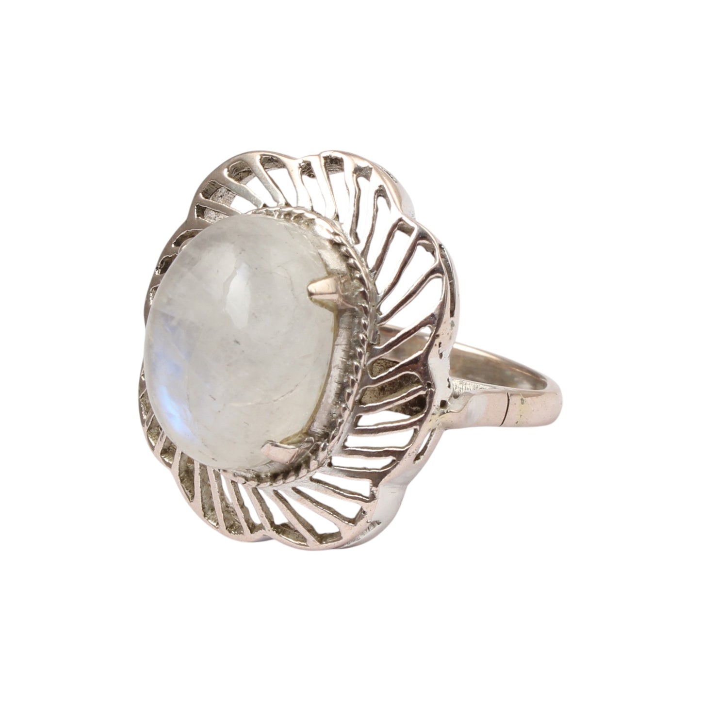 Rainbow Moonstone Openwork Ring Designer 925 Sterling Silver Natural Oval Shape Gemstone Prong Setting Ring