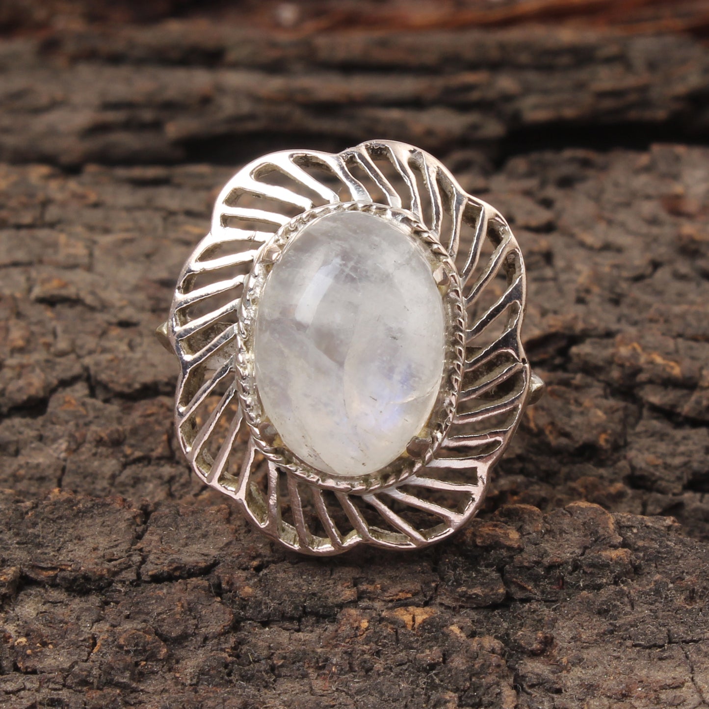 Rainbow Moonstone Openwork Ring Designer 925 Sterling Silver Natural Oval Shape Gemstone Prong Setting Ring