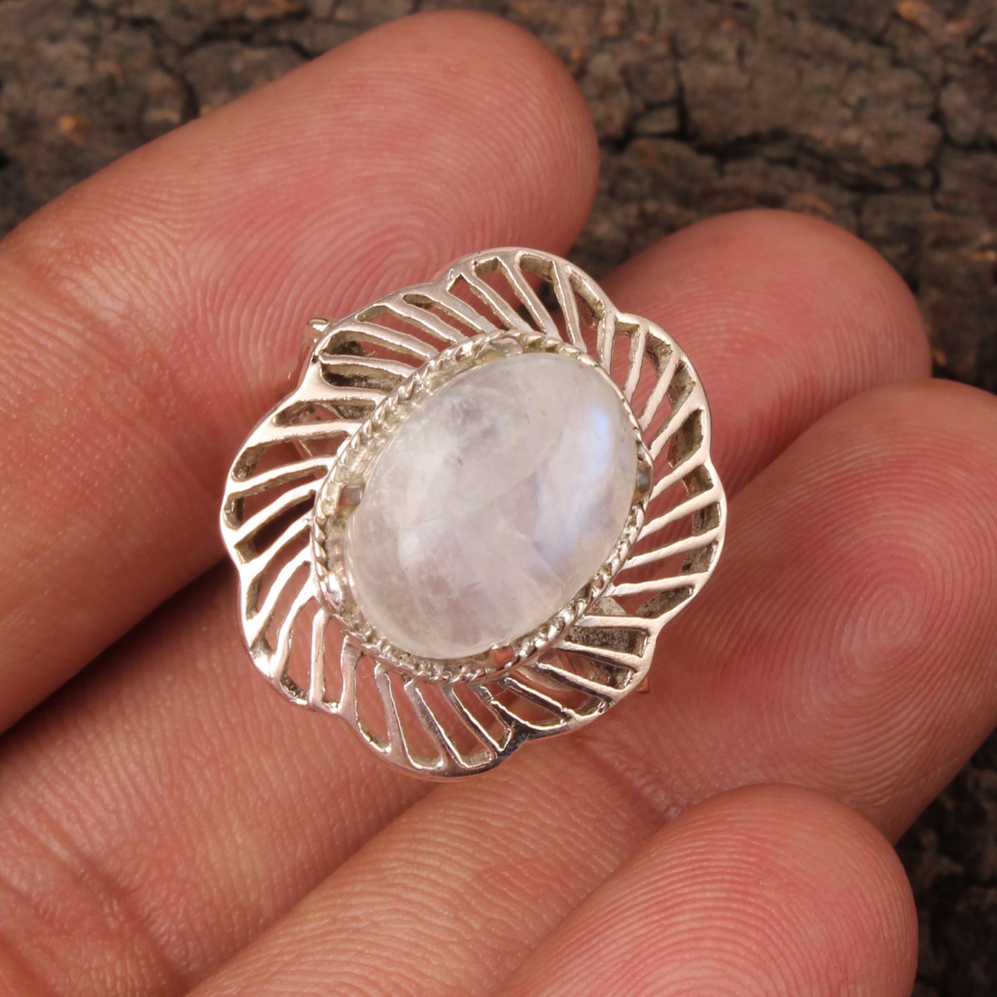 Rainbow Moonstone Openwork Ring Designer 925 Sterling Silver Natural Oval Shape Gemstone Prong Setting Ring