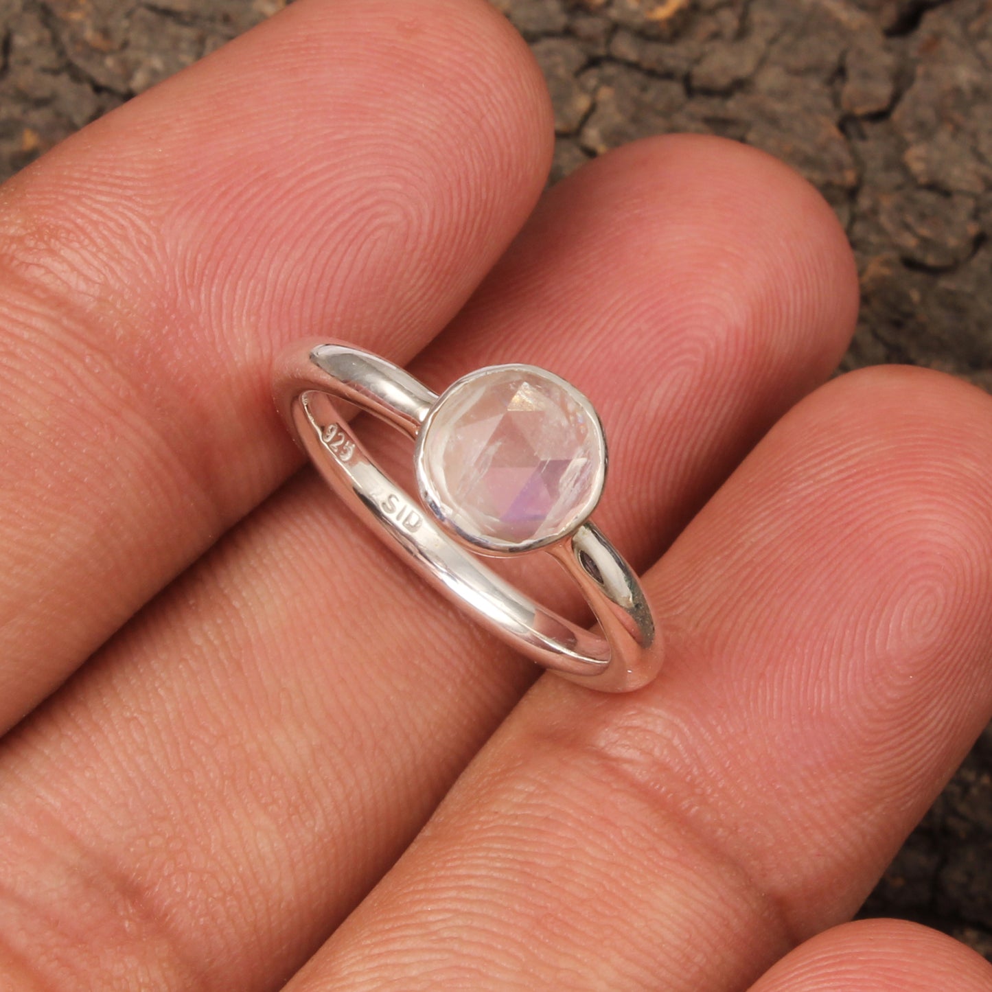 Minimalist Faceted Rainbow Moonstone Ring Handmade 925 Sterling Silver Natural Round Shape Gemstone Ring