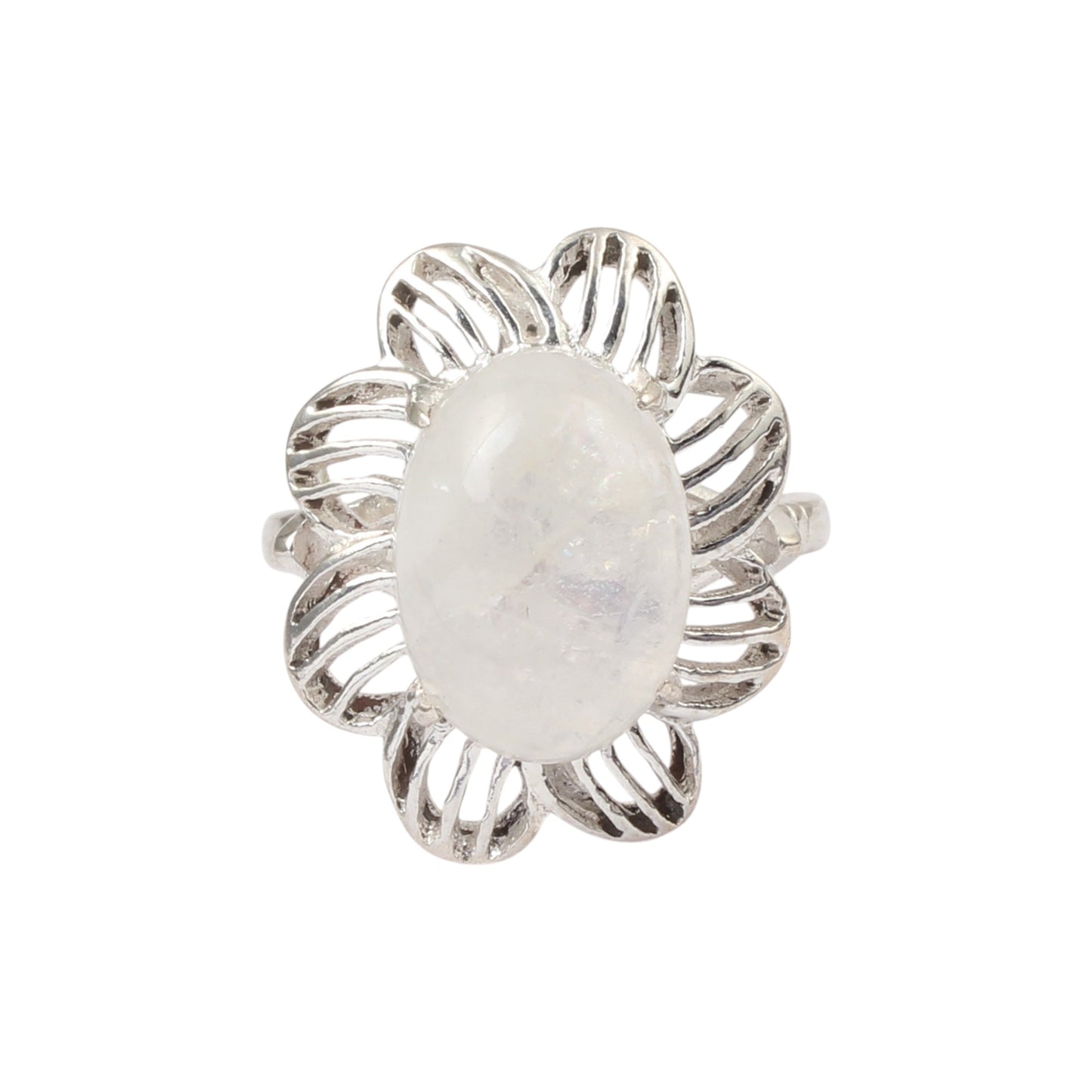 Rainbow Moonstone Openwork Ring Designer 925 Sterling Silver Natural Oval Shape Natural Gemstone Prong Setting Ring