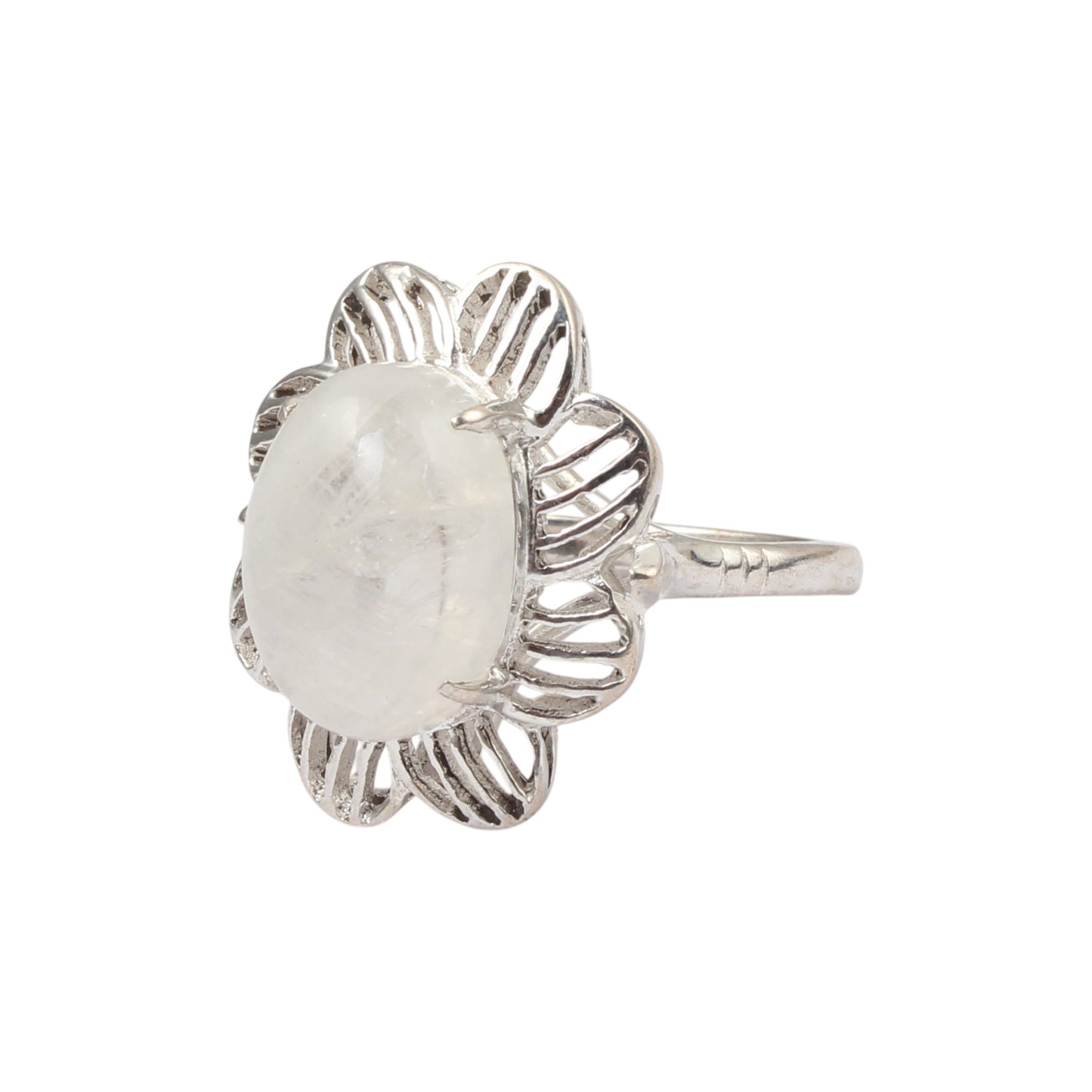 Rainbow Moonstone Openwork Ring Designer 925 Sterling Silver Natural Oval Shape Natural Gemstone Prong Setting Ring