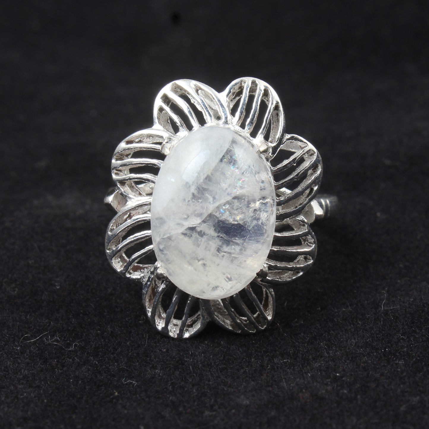 Rainbow Moonstone Openwork Ring Designer 925 Sterling Silver Natural Oval Shape Natural Gemstone Prong Setting Ring