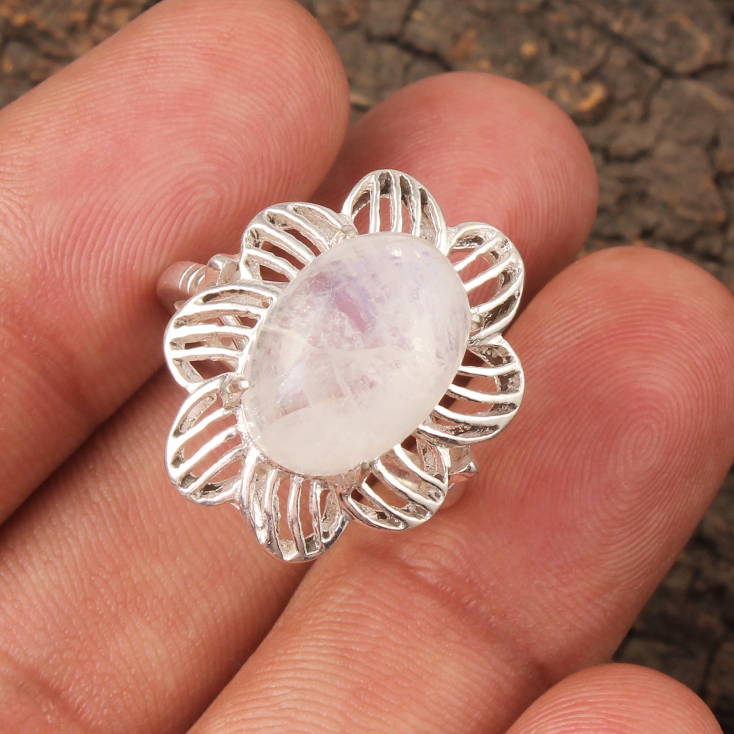 Rainbow Moonstone Openwork Ring Designer 925 Sterling Silver Natural Oval Shape Natural Gemstone Prong Setting Ring