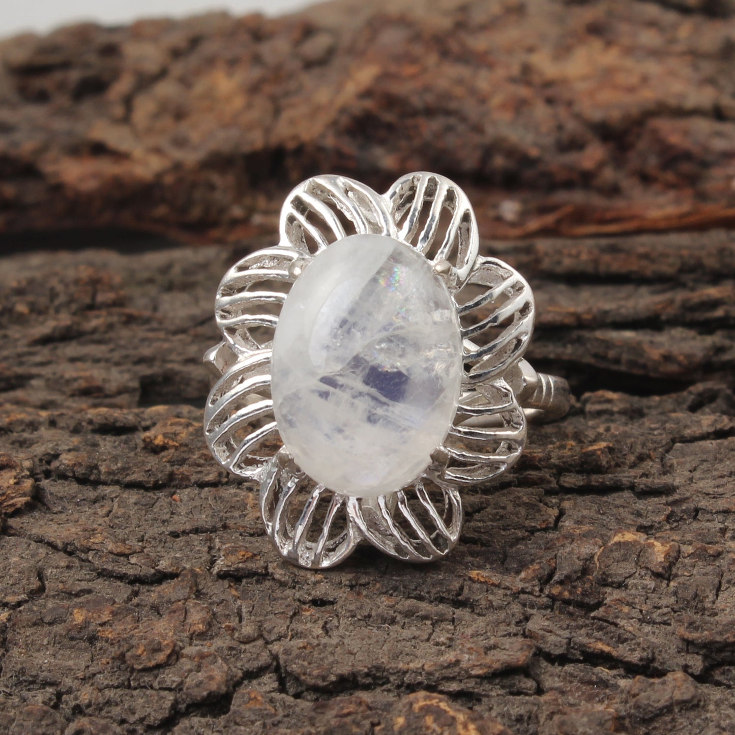 Rainbow Moonstone Openwork Ring Designer 925 Sterling Silver Natural Oval Shape Natural Gemstone Prong Setting Ring