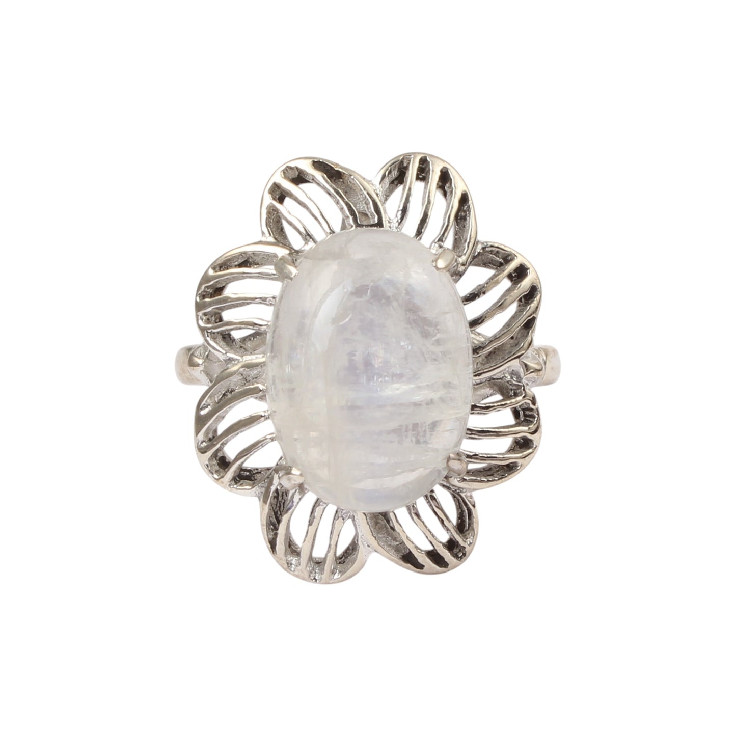 Rainbow Moonstone Openwork Ring Designer 925 Sterling Silver Natural Oval Shape Gemstone Prong Setting Ring