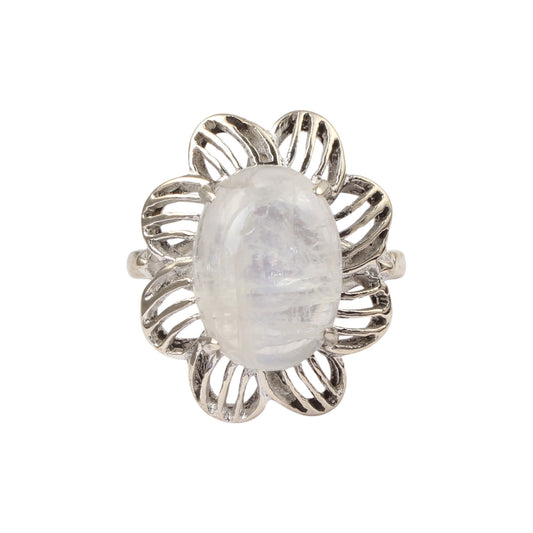 Rainbow Moonstone Openwork Ring Designer 925 Sterling Silver Natural Oval Shape Gemstone Prong Setting Ring