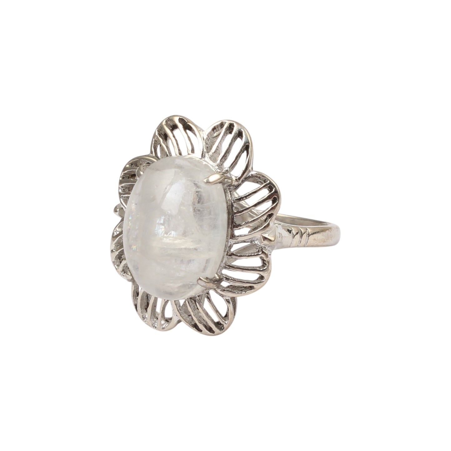 Rainbow Moonstone Openwork Ring Designer 925 Sterling Silver Natural Oval Shape Gemstone Prong Setting Ring