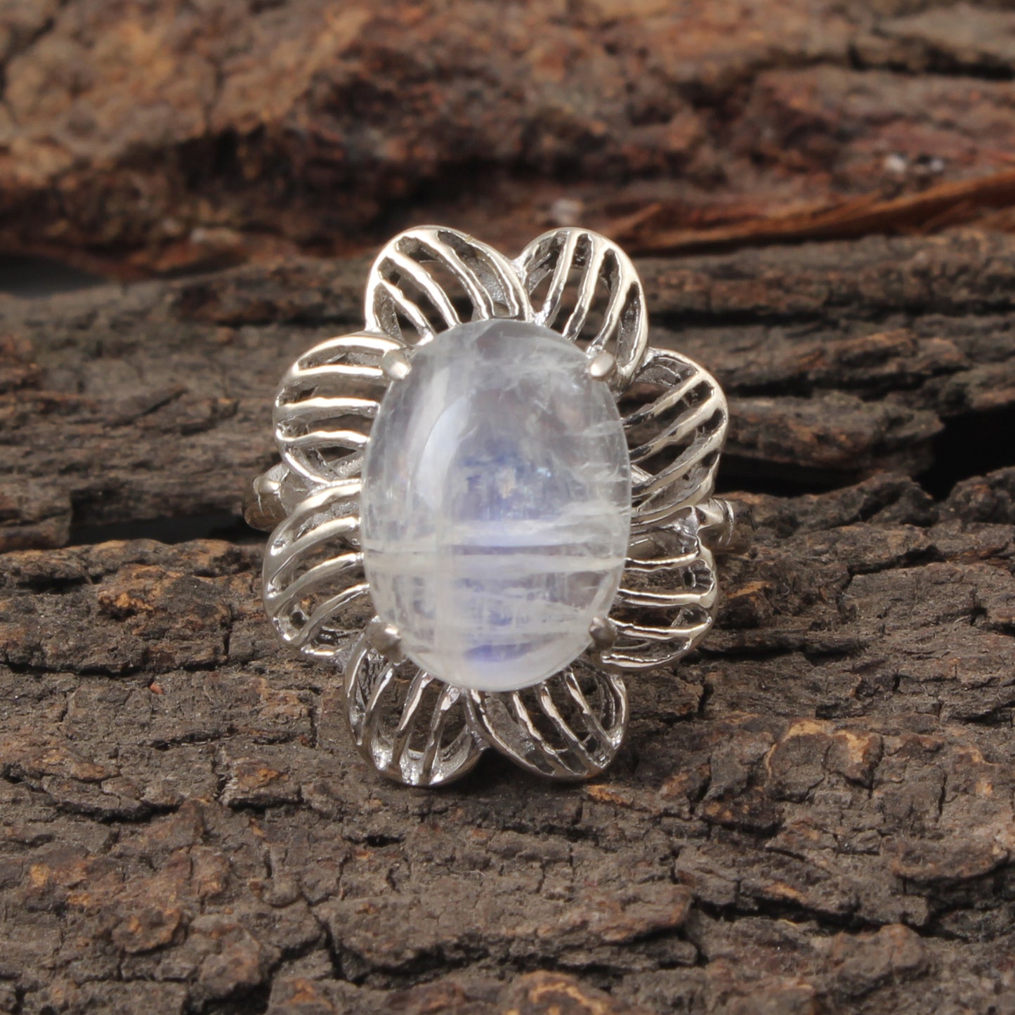 Rainbow Moonstone Openwork Ring Designer 925 Sterling Silver Natural Oval Shape Gemstone Prong Setting Ring