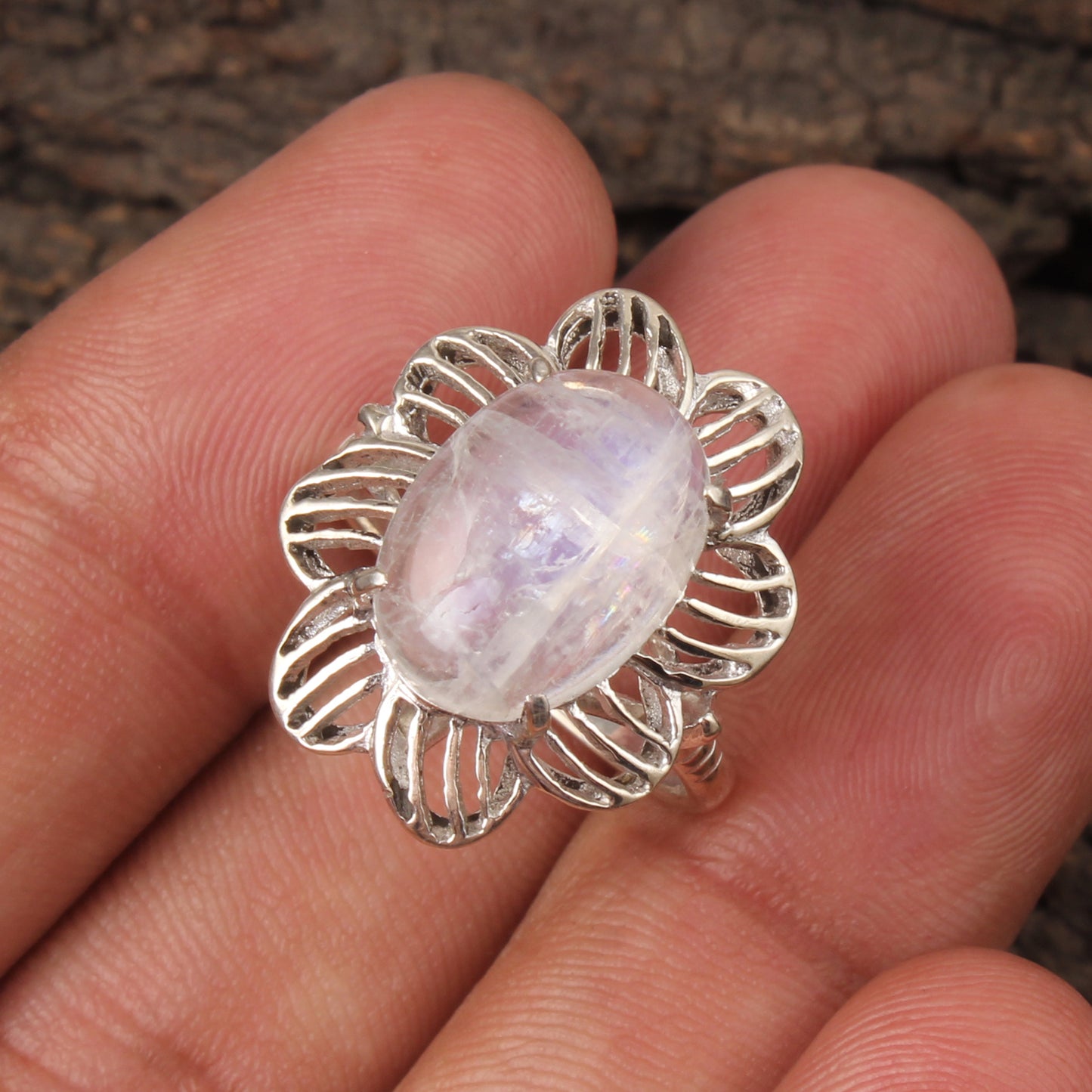 Rainbow Moonstone Openwork Ring Designer 925 Sterling Silver Natural Oval Shape Gemstone Prong Setting Ring