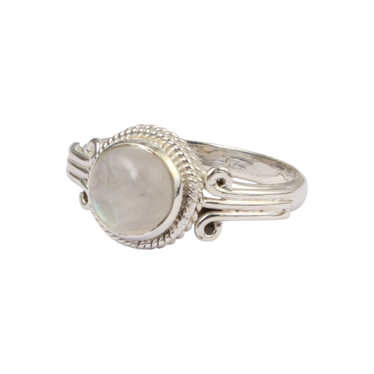 Natural Rainbow Moonstone Ring Handmade Twisted Wire 925 Sterling Silver Round Rainbow Gemstone Ring