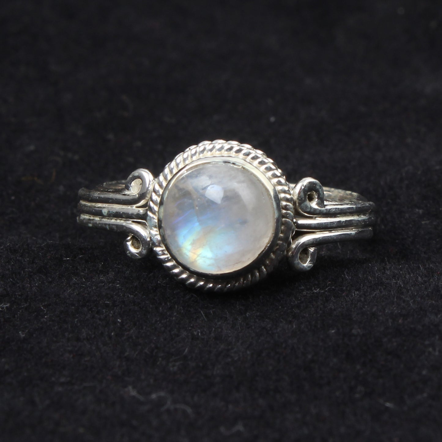 Natural Rainbow Moonstone Ring Handmade Twisted Wire 925 Sterling Silver Round Rainbow Gemstone Ring