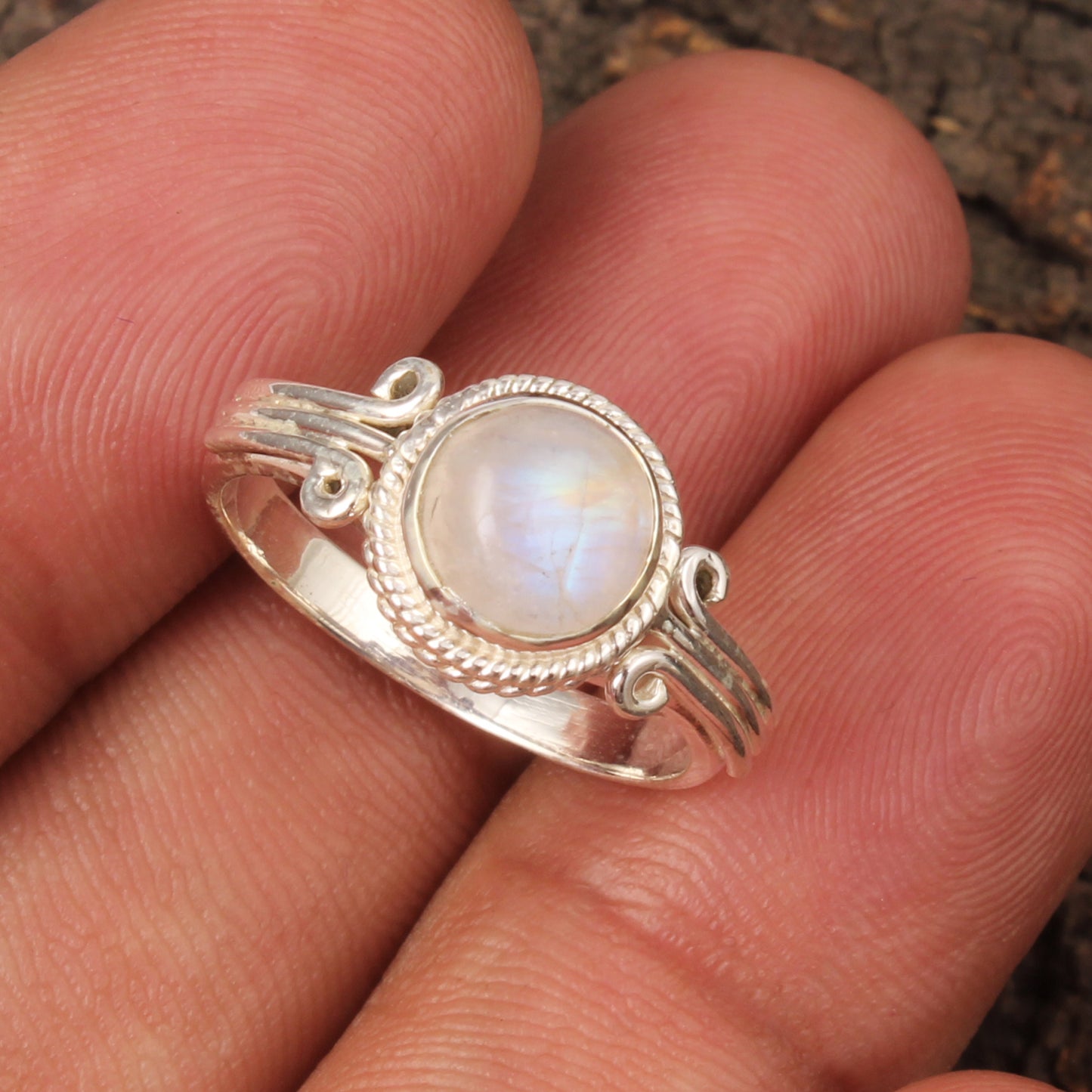 Natural Rainbow Moonstone Ring Handmade Twisted Wire 925 Sterling Silver Round Rainbow Gemstone Ring