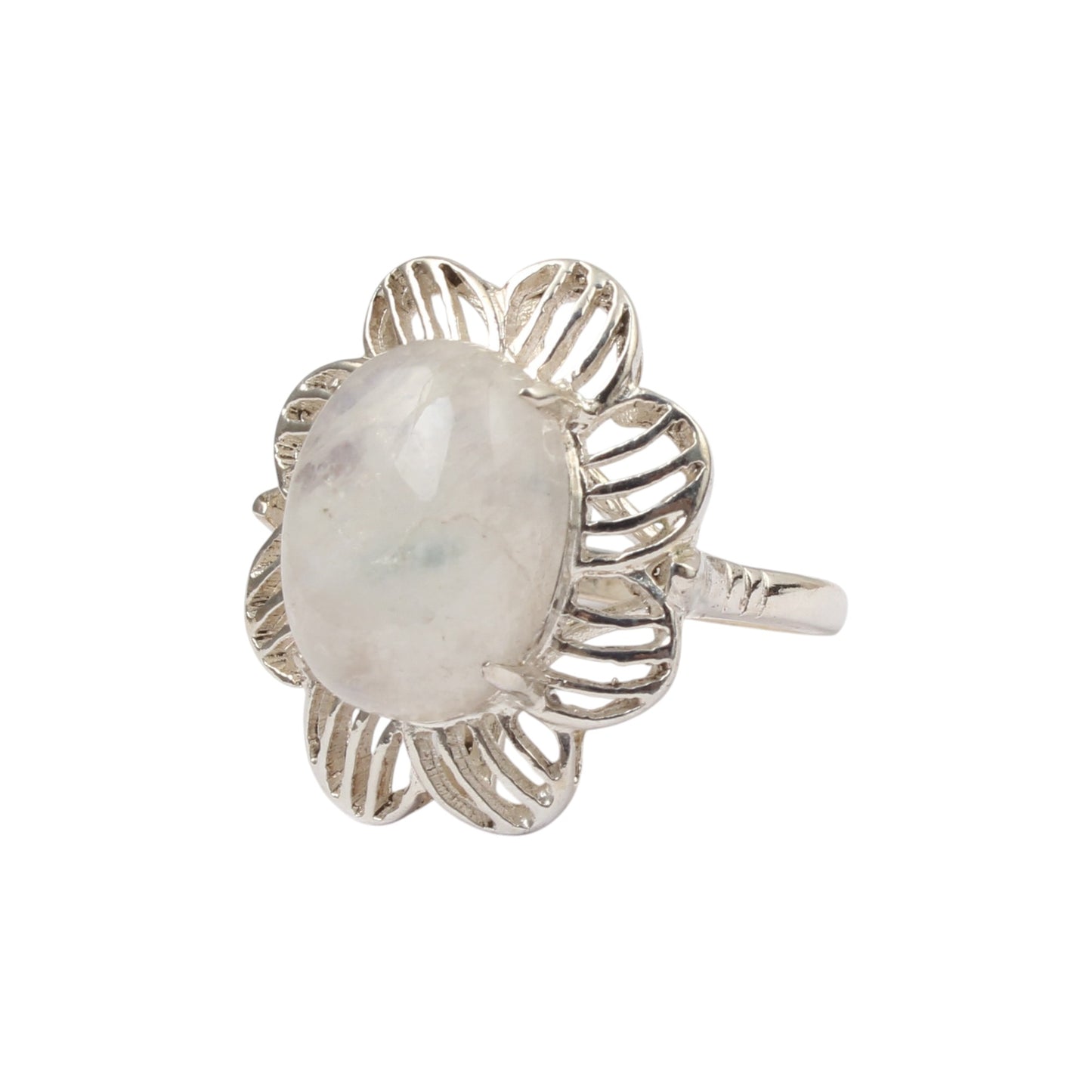 Rainbow Moonstone Openwork Ring Designer 925 Sterling Silver Natural Oval Shape Gemstone Prong Setting Ring Jewelry