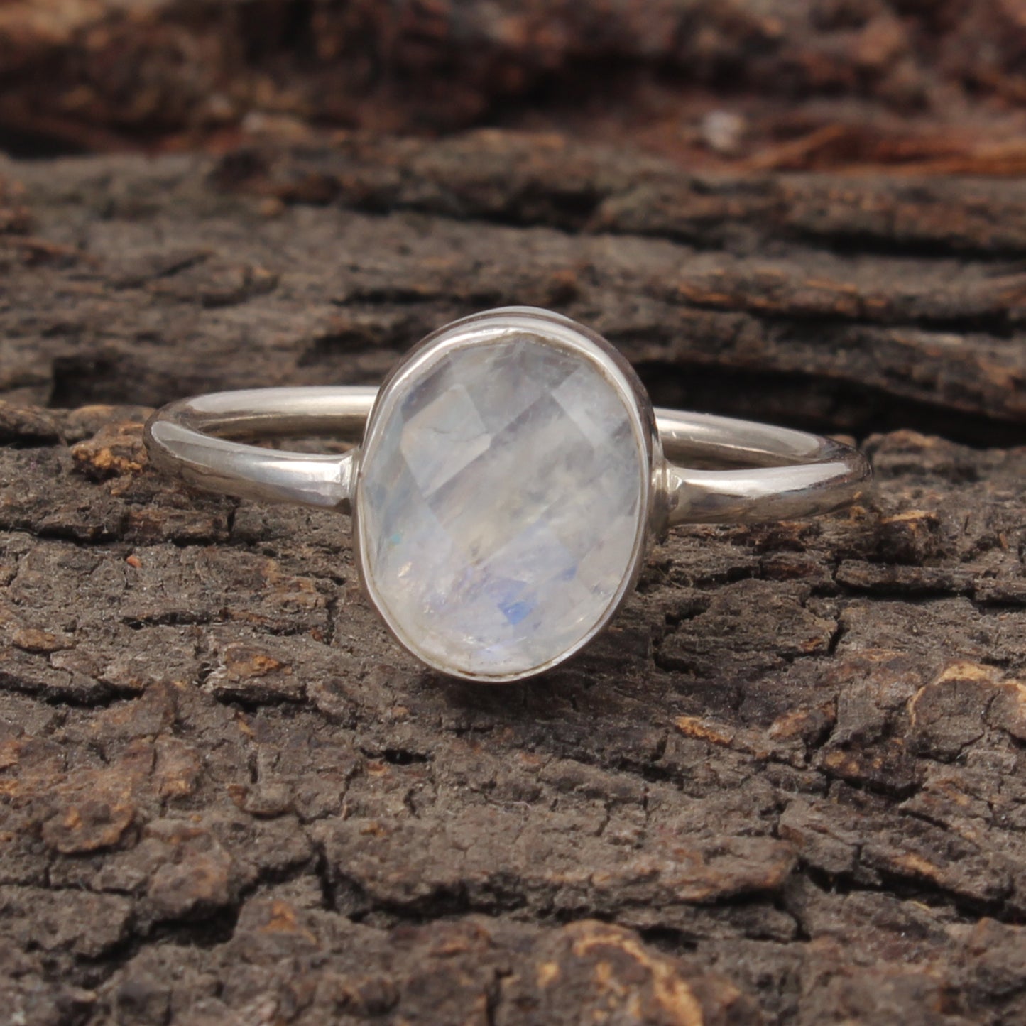 Faceted Rainbow Moonstone Ring Handmade Simple 925 Sterling Silver Oval Natural Gemstone Ring
