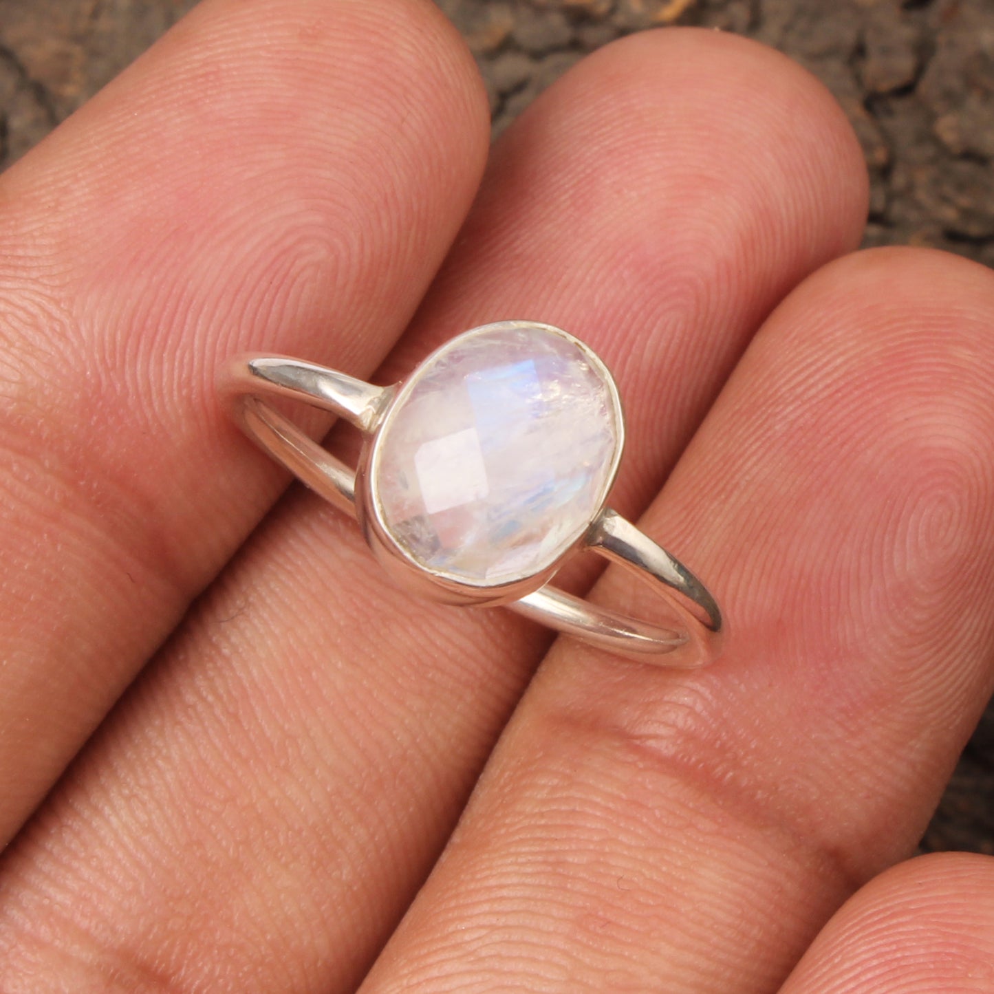 Faceted Rainbow Moonstone Ring Handmade Simple 925 Sterling Silver Oval Natural Gemstone Ring