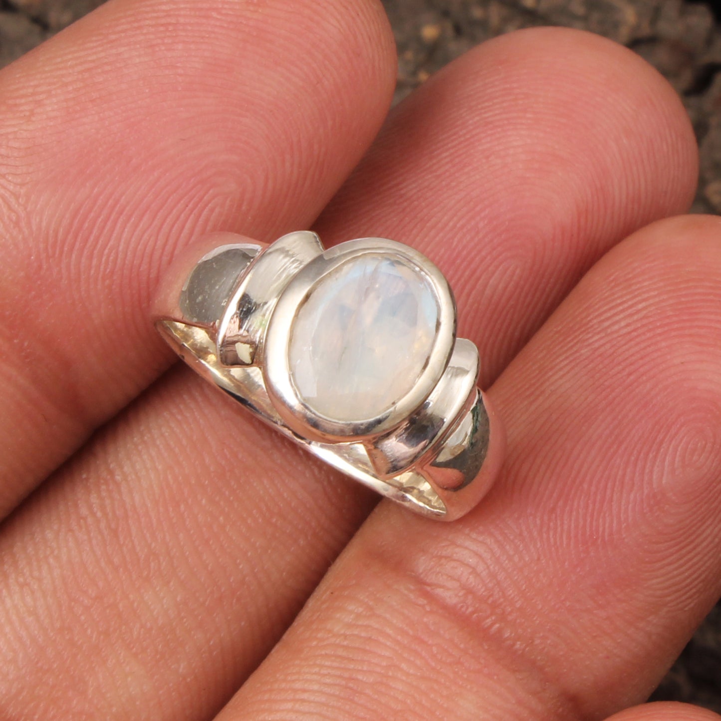 Contemporary Rainbow Moonstone Ring Handmade 925 Sterling Silver Natural Minimalist Gemstone Ring