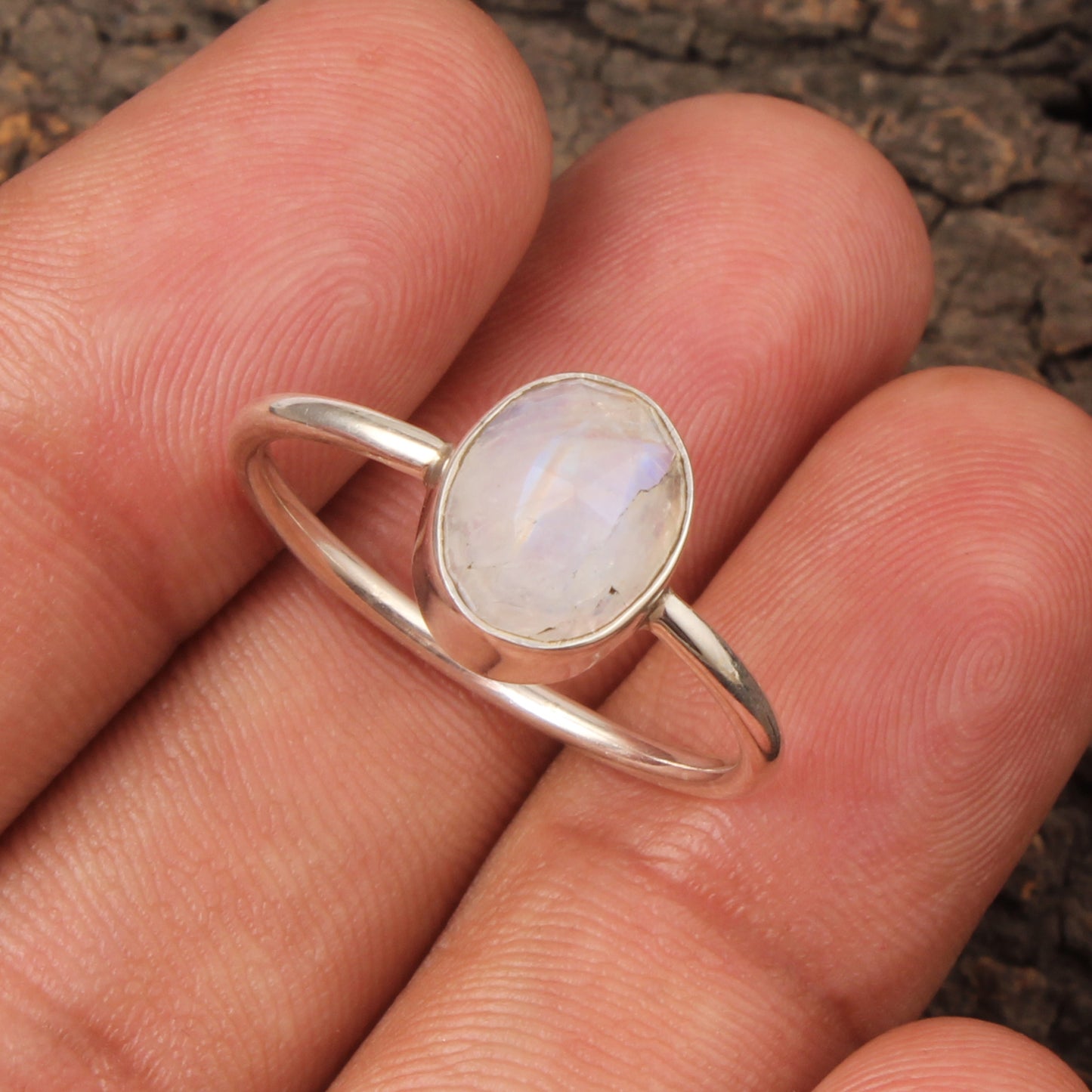Faceted Rainbow Moonstone Ring Handmade Minimalist 925 Sterling Silver Oval Natural Gemstone Ring