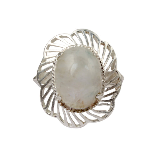 Rainbow Moonstone Openwork Ring Designer 925 Sterling Silver Natural Gemstone Prong Setting Ring