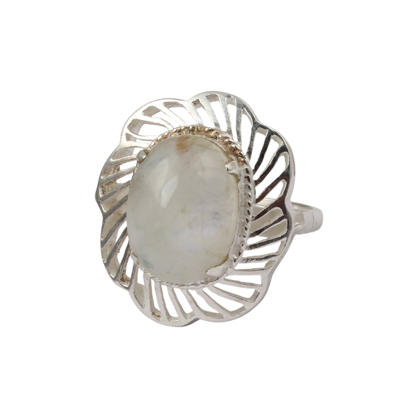 Rainbow Moonstone Openwork Ring Designer 925 Sterling Silver Natural Gemstone Prong Setting Ring