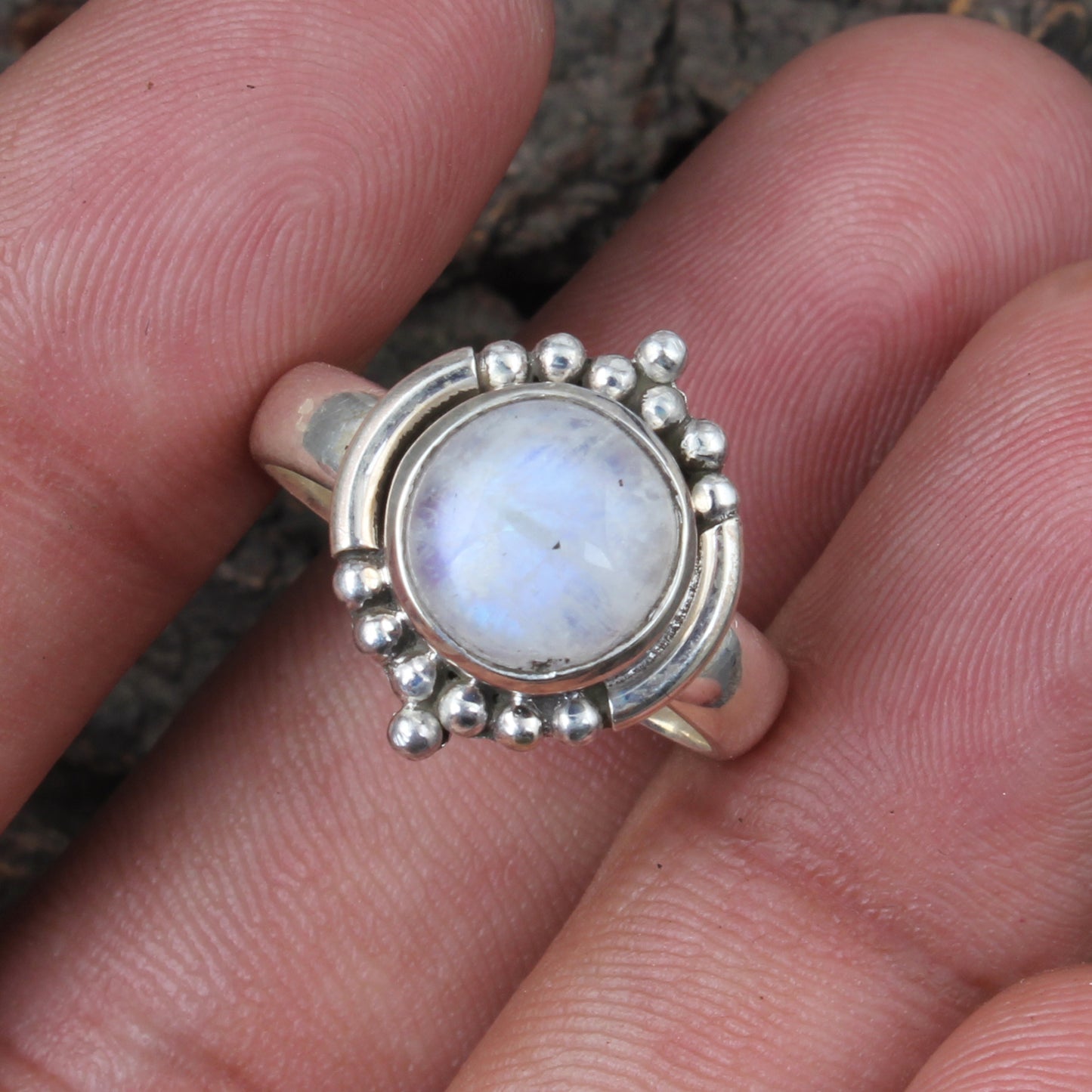 Bohemian Moonstone Ring Handmade 925 Sterling Silver Natural Round Shape Gemstone Ring