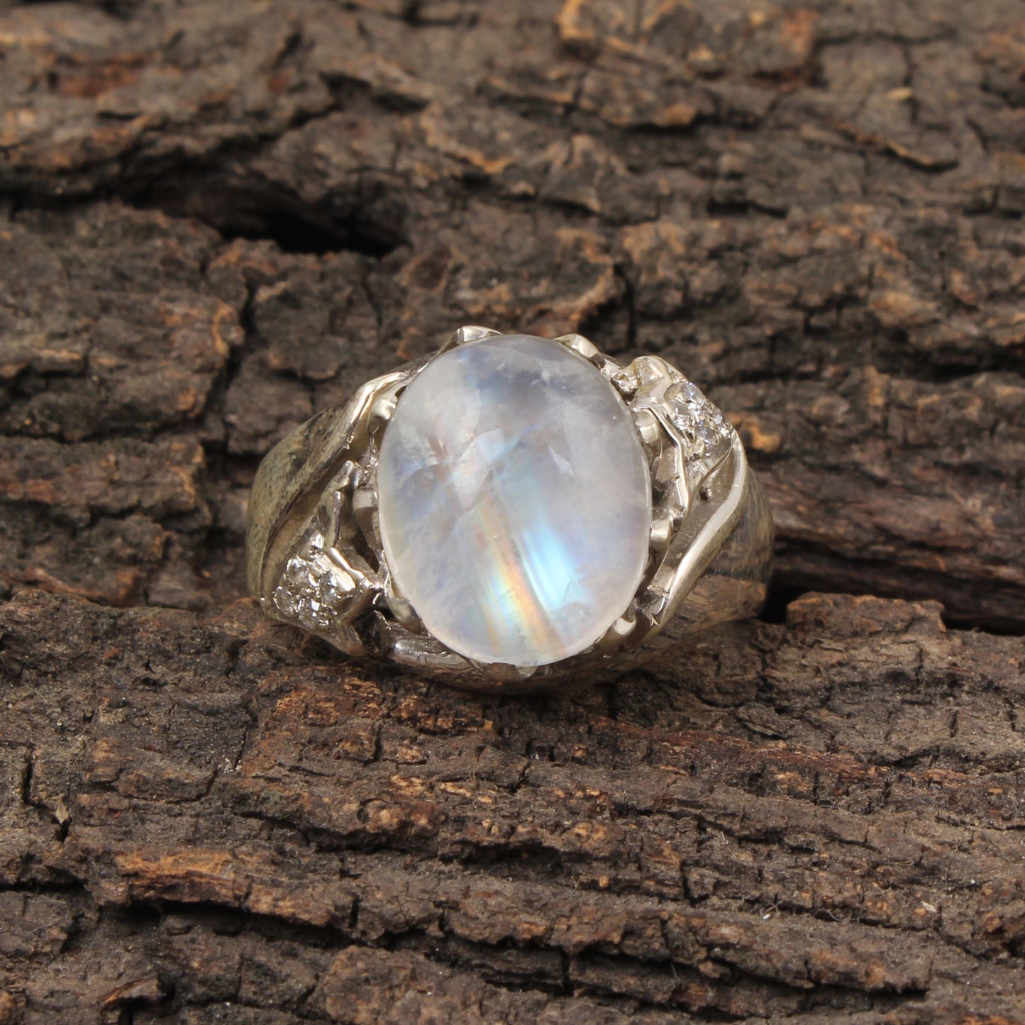 Vintage Style Rainbow Moonstone Ring with CZ Studded Handmade 925 Sterling Silver Ring Jewelry