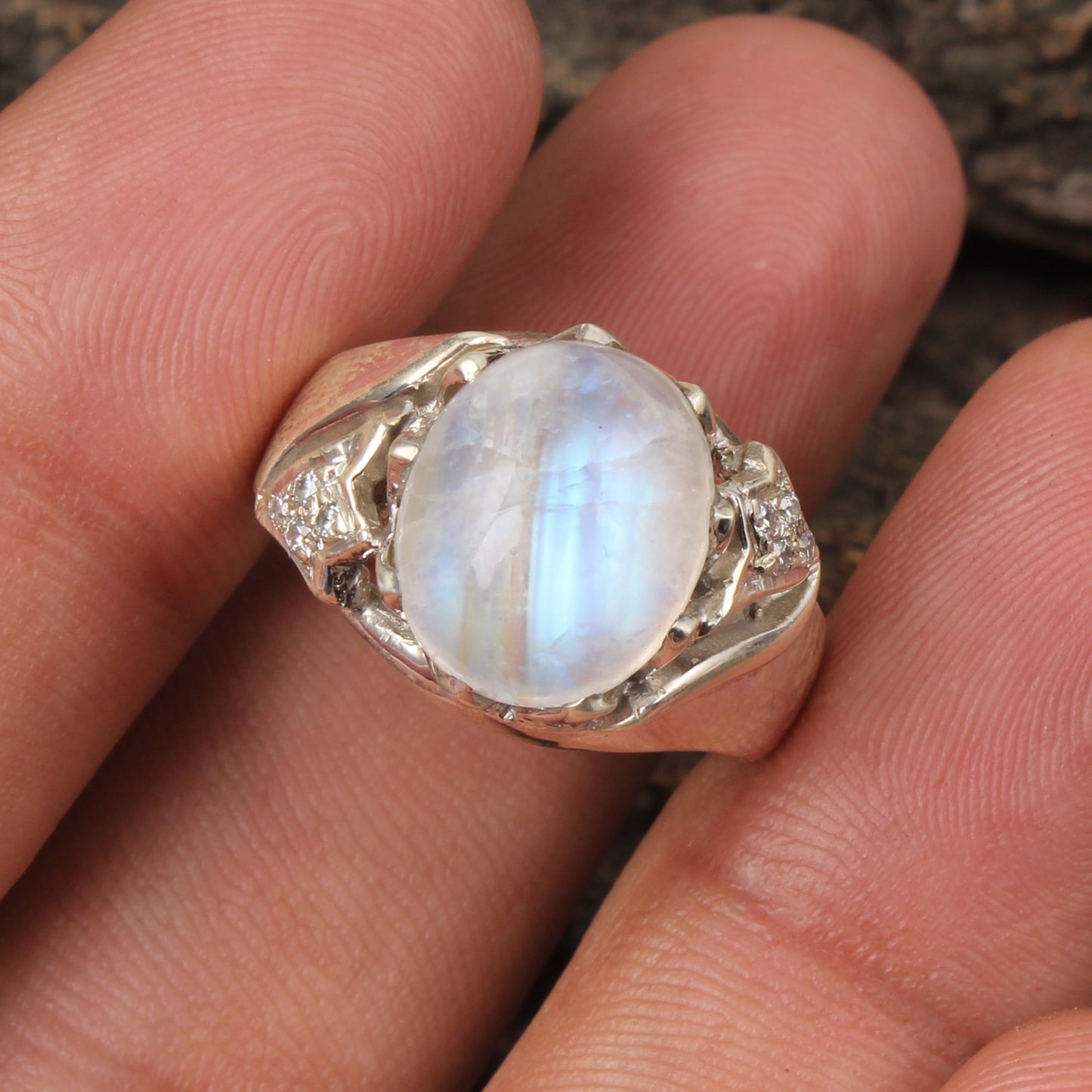 Vintage Style Rainbow Moonstone Ring with CZ Studded Handmade 925 Sterling Silver Ring Jewelry
