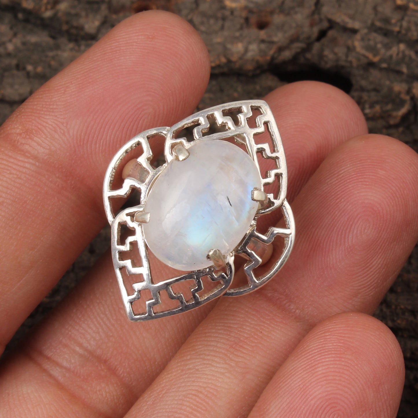 Rainbow Moonstone Cocktail Ring Handmade Prong Setting 925 Sterling Silver Statement Ring Jewelry