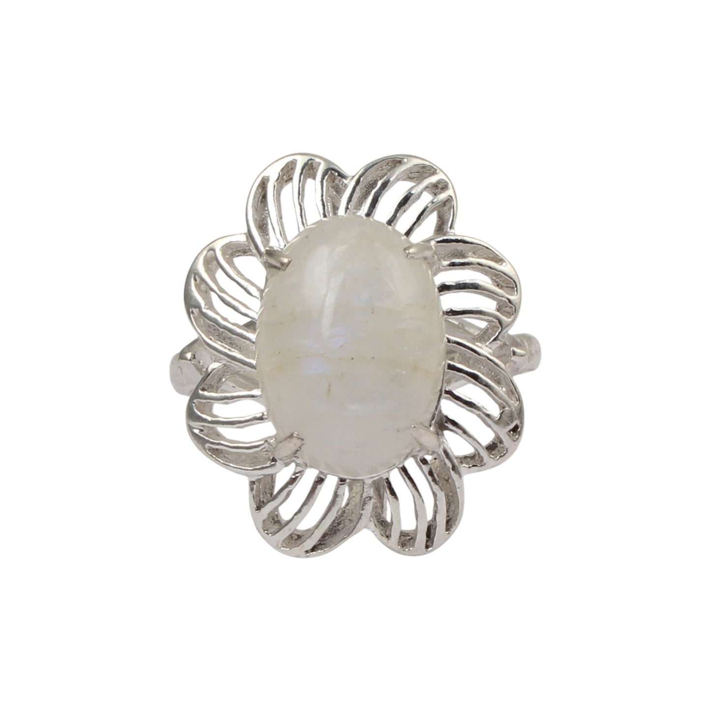 Rainbow Moonstone Openwork Designer Ring 925 Sterling Silver Natural Gemstone Prong Setting Ring
