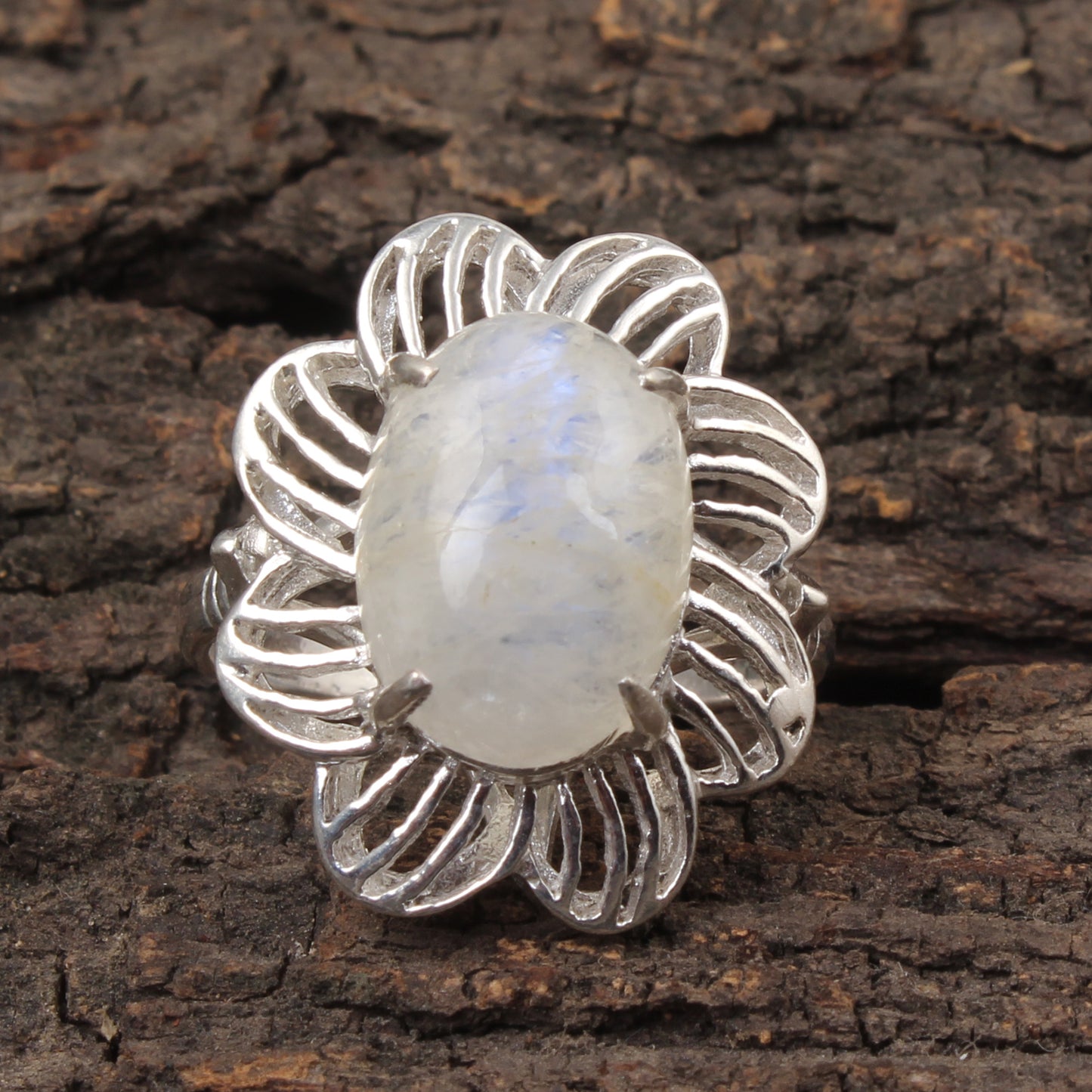 Rainbow Moonstone Openwork Designer Ring 925 Sterling Silver Natural Gemstone Prong Setting Ring