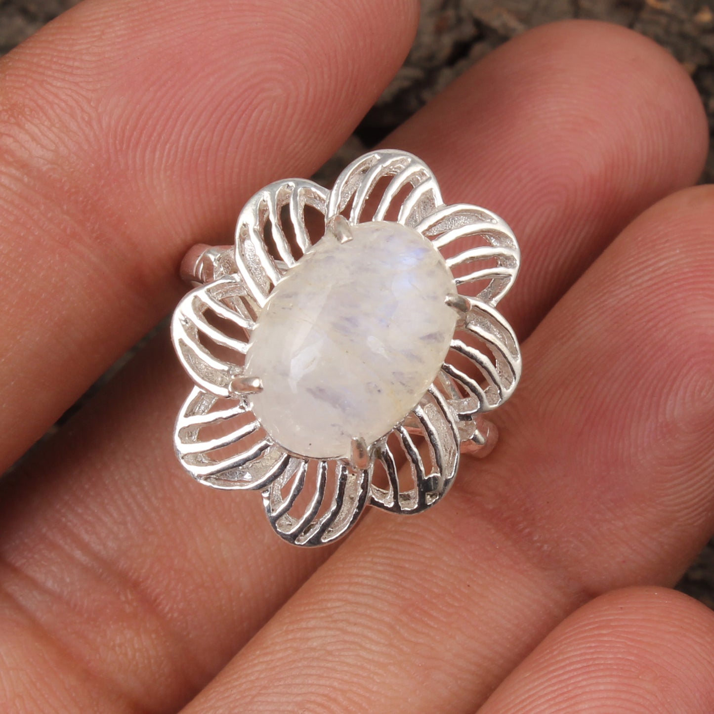 Rainbow Moonstone Openwork Designer Ring 925 Sterling Silver Natural Gemstone Prong Setting Ring