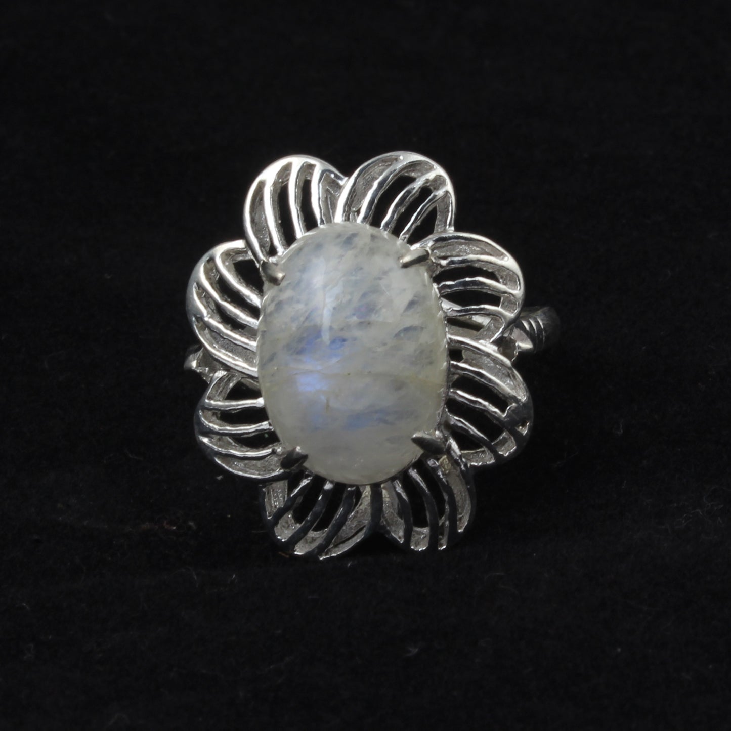 Rainbow Moonstone Openwork Designer Ring 925 Sterling Silver Natural Gemstone Prong Setting Ring