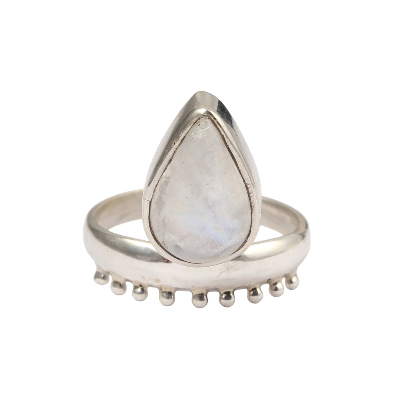 Boho Style Pear Shaped Rainbow Moonstone Ring with Decorative Band Handmade 925 Sterling Silver Ring