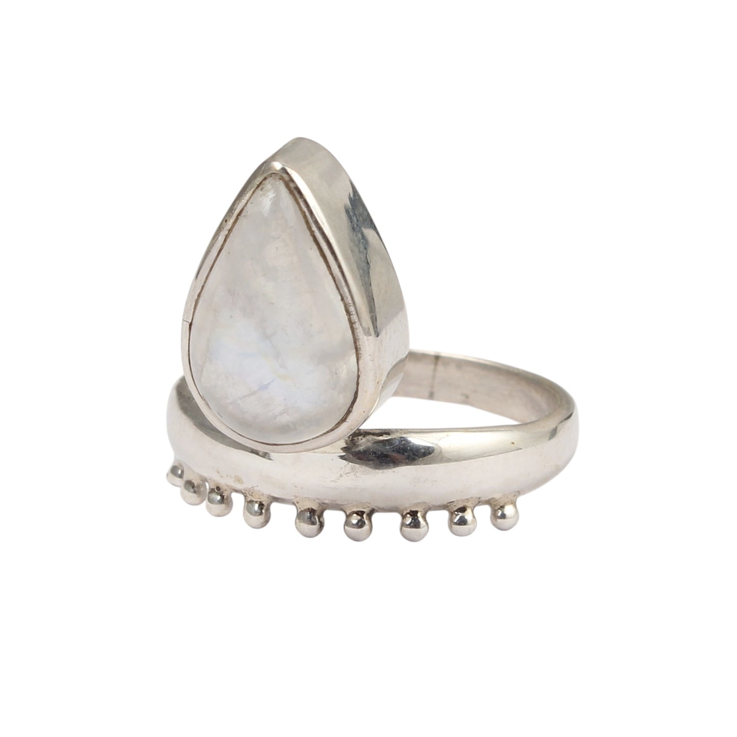 Boho Style Pear Shaped Rainbow Moonstone Ring with Decorative Band Handmade 925 Sterling Silver Ring