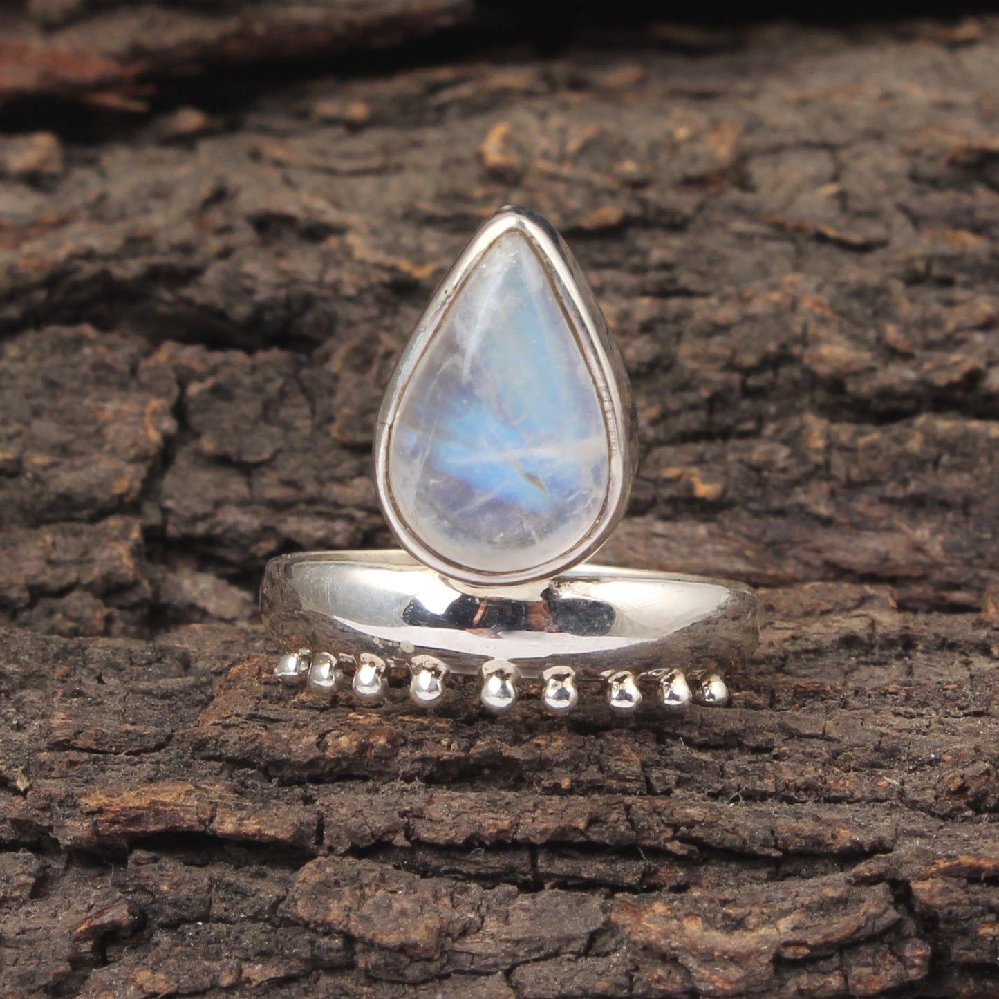 Boho Style Pear Shaped Rainbow Moonstone Ring with Decorative Band Handmade 925 Sterling Silver Ring