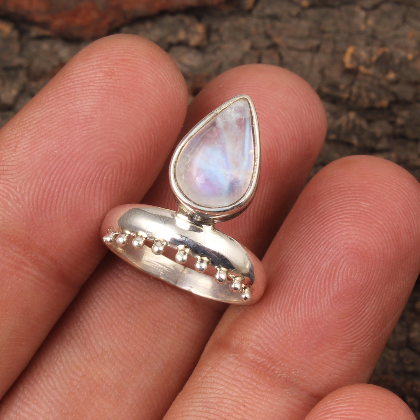 Boho Style Pear Shaped Rainbow Moonstone Ring with Decorative Band Handmade 925 Sterling Silver Ring