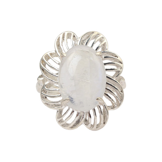 Rainbow Moonstone Openwork Designer Ring 925 Sterling Silver Natural Oval Shape Gemstone Prong Setting Ring