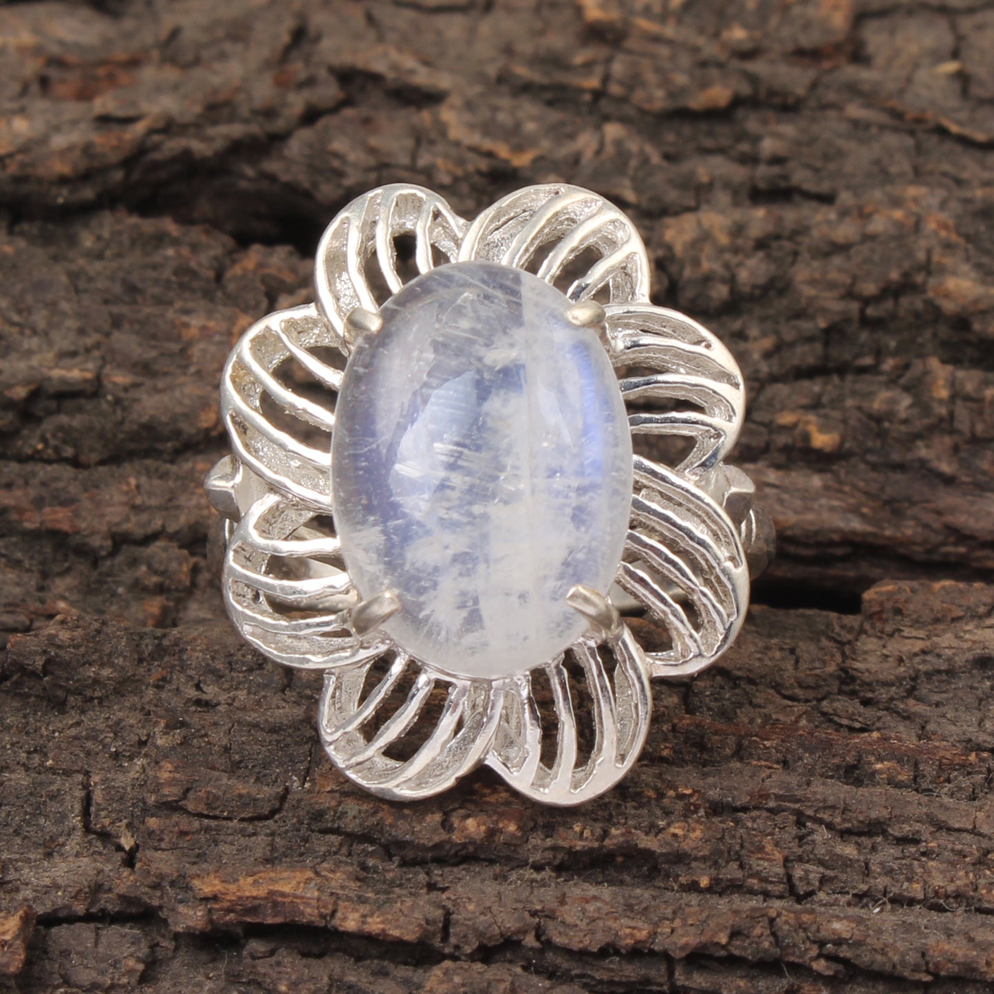 Rainbow Moonstone Openwork Designer Ring 925 Sterling Silver Natural Oval Shape Gemstone Prong Setting Ring