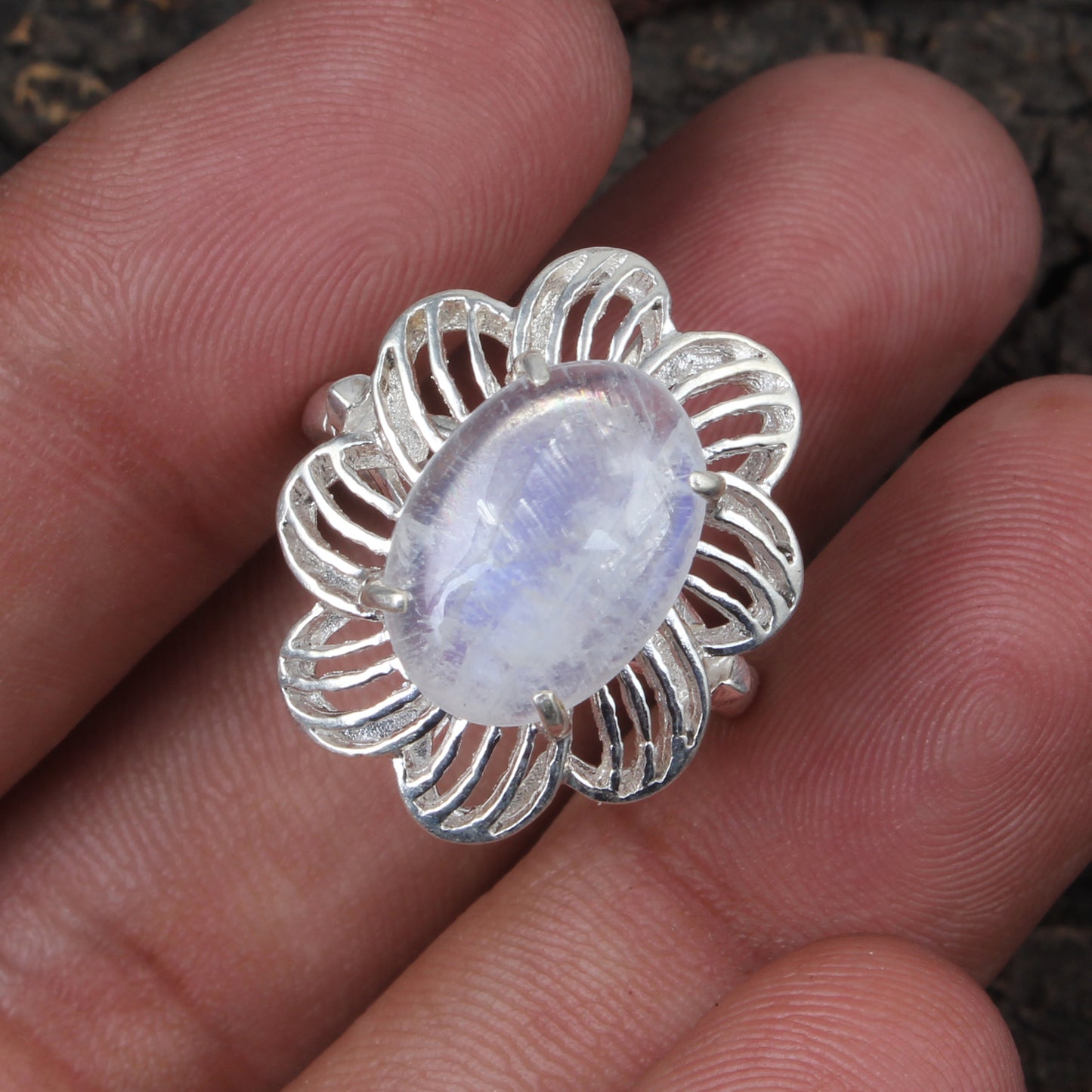 Rainbow Moonstone Openwork Designer Ring 925 Sterling Silver Natural Oval Shape Gemstone Prong Setting Ring