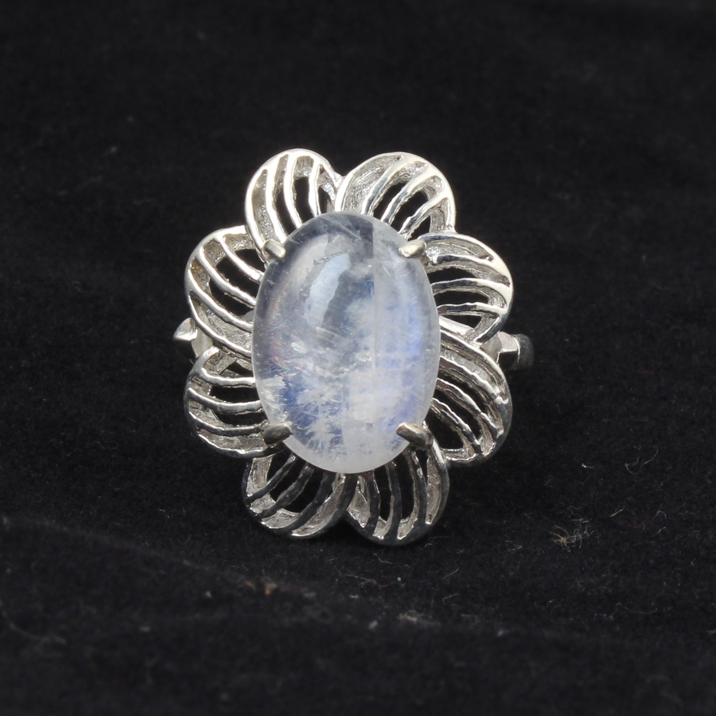 Rainbow Moonstone Openwork Designer Ring 925 Sterling Silver Natural Oval Shape Gemstone Prong Setting Ring
