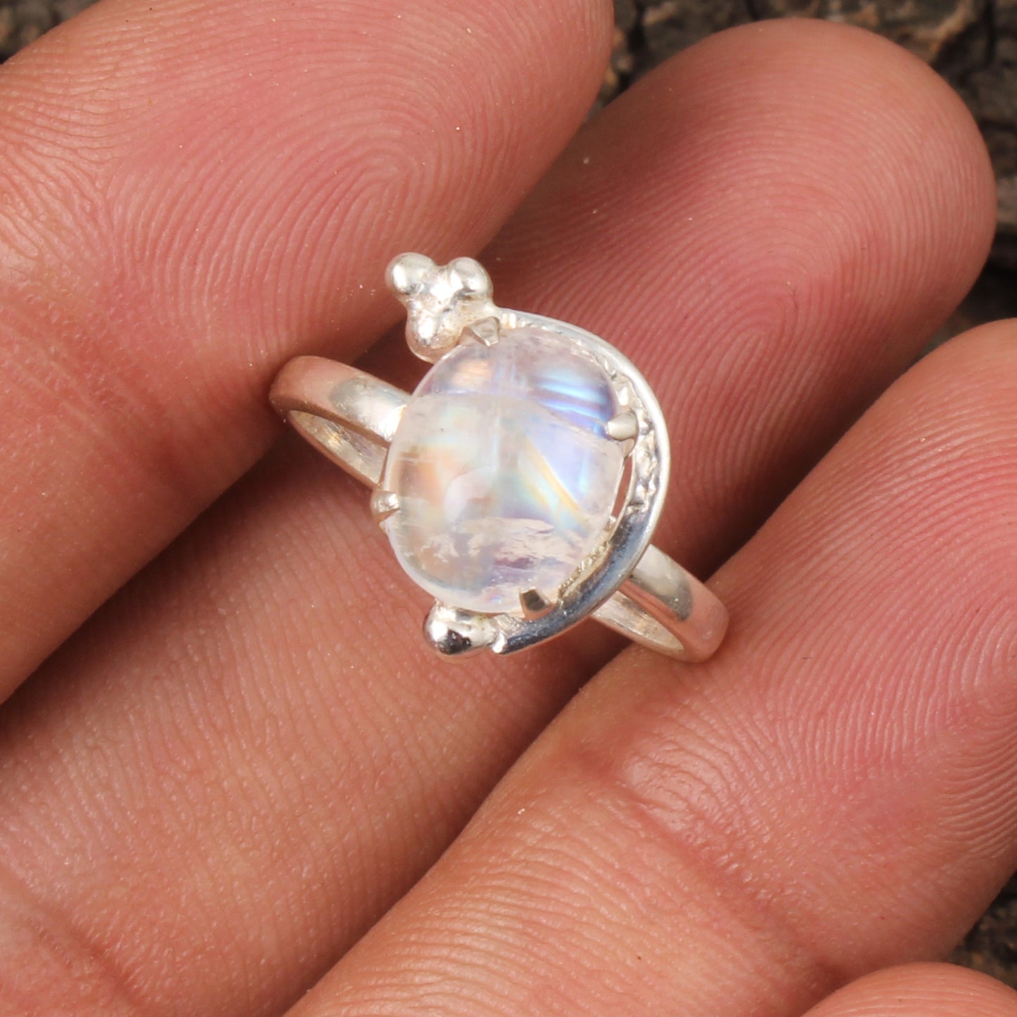 Natural Rainbow Moonstone Ring Handmade 925 Sterling Silver June Birthstone Jewelry