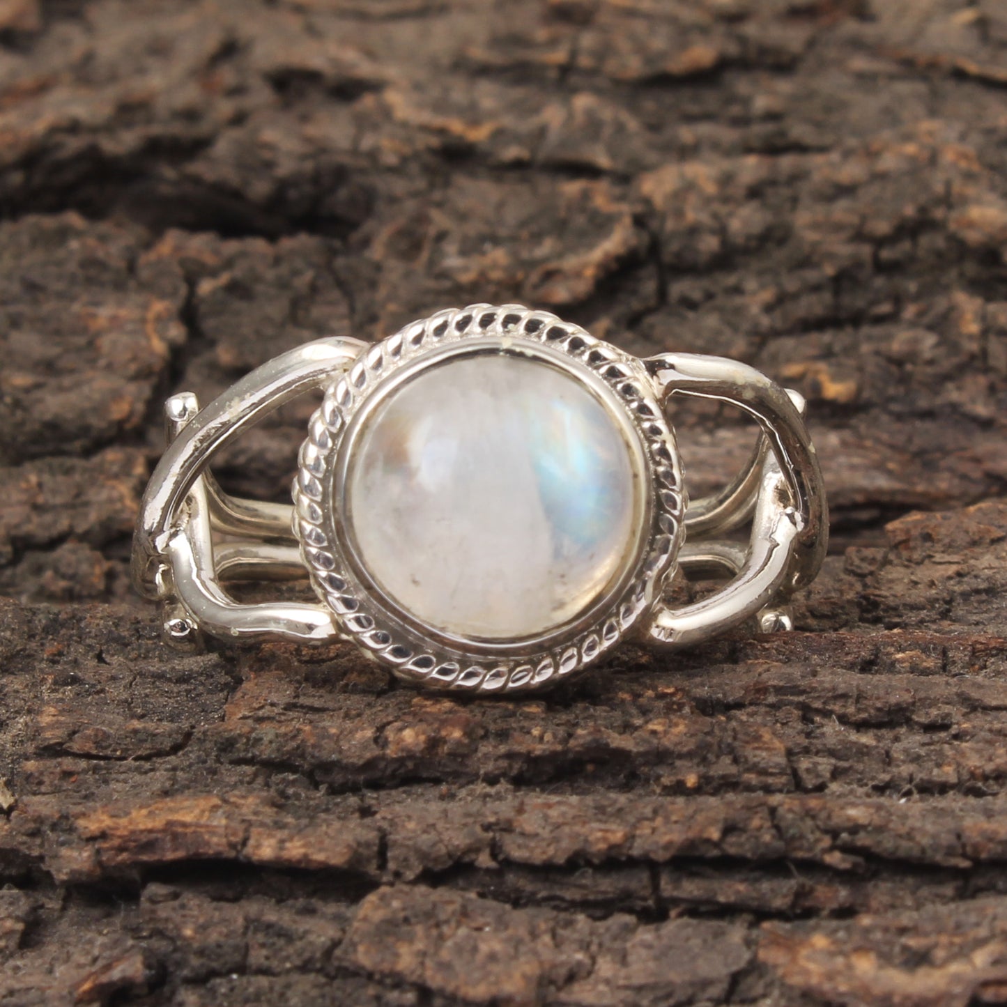 Moonstone Ring Handmade 925 Sterling Silver Natural Round Shape Rainbow Gemstone Ring