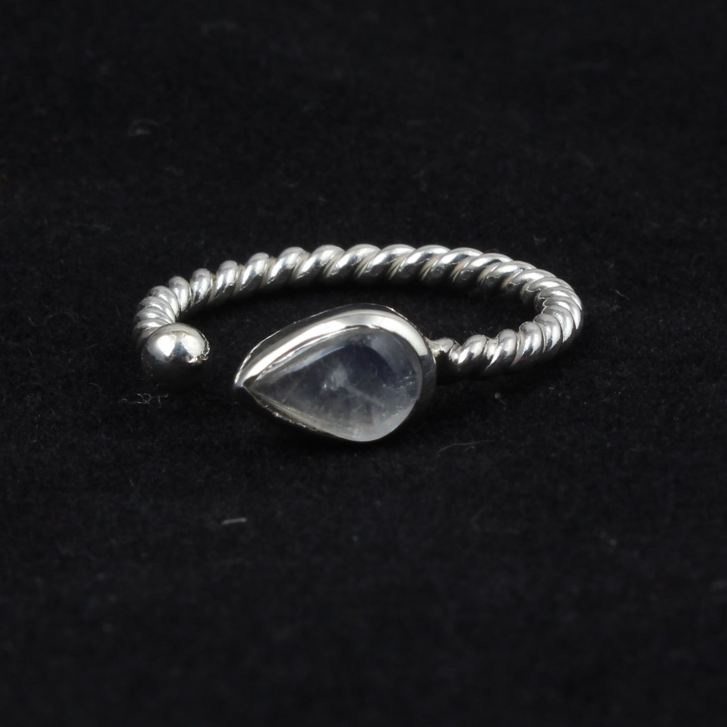 Rainbow Moonstone Adjustable Design Ring with Twisted Band Teardrop Shaped Stone 925 Sterling Silver Ring