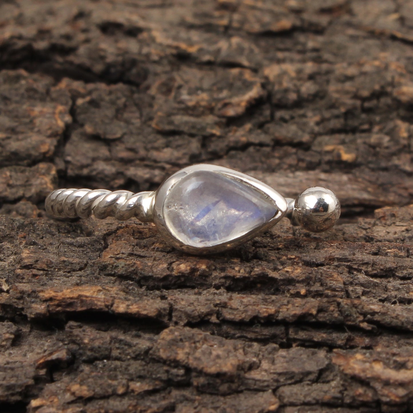 Rainbow Moonstone Adjustable Design Ring with Twisted Band Teardrop Shaped Stone 925 Sterling Silver Ring