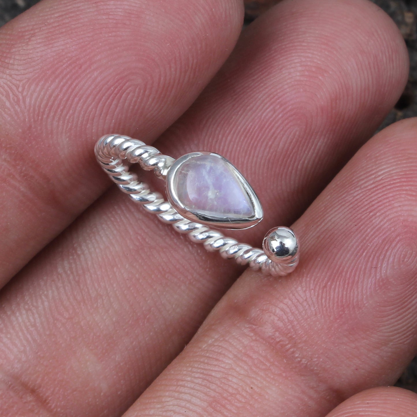 Rainbow Moonstone Adjustable Design Ring with Twisted Band Teardrop Shaped Stone 925 Sterling Silver Ring