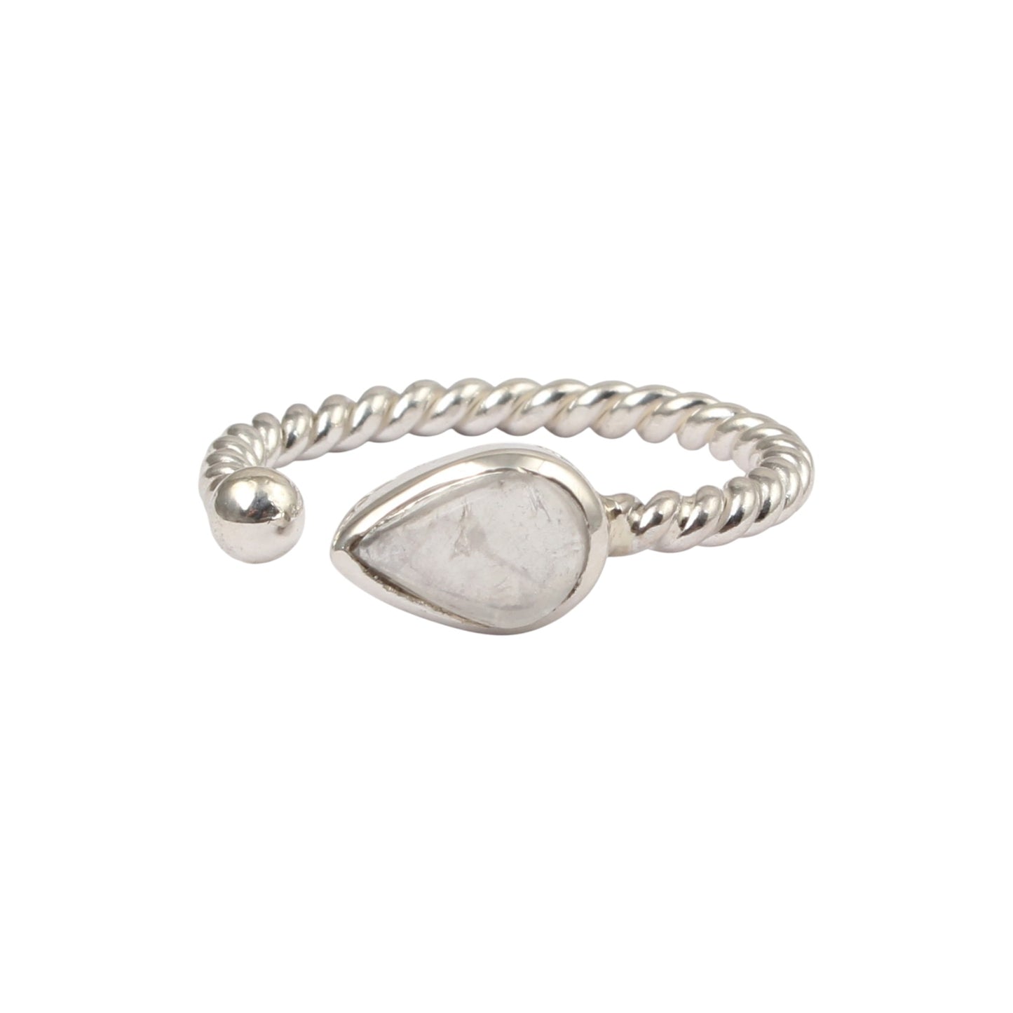 Rainbow Moonstone Adjustable Design Ring with Twisted Band Teardrop Shaped Stone 925 Sterling Silver Ring
