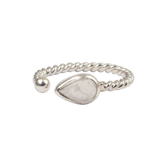 Rainbow Moonstone Adjustable Design Ring with Twisted Band Teardrop Shaped Stone 925 Sterling Silver Ring