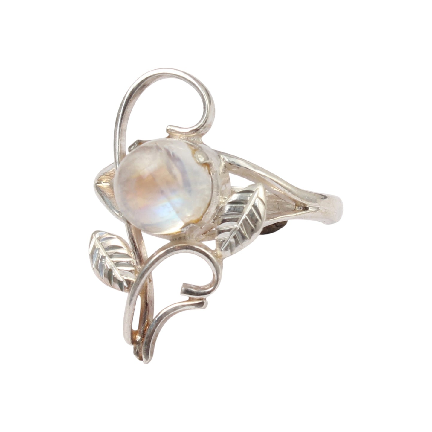 Designer Leaf Rainbow Moonstone Ring 925 Sterling Silver Natural Round Gemstone Prong Setting Ring