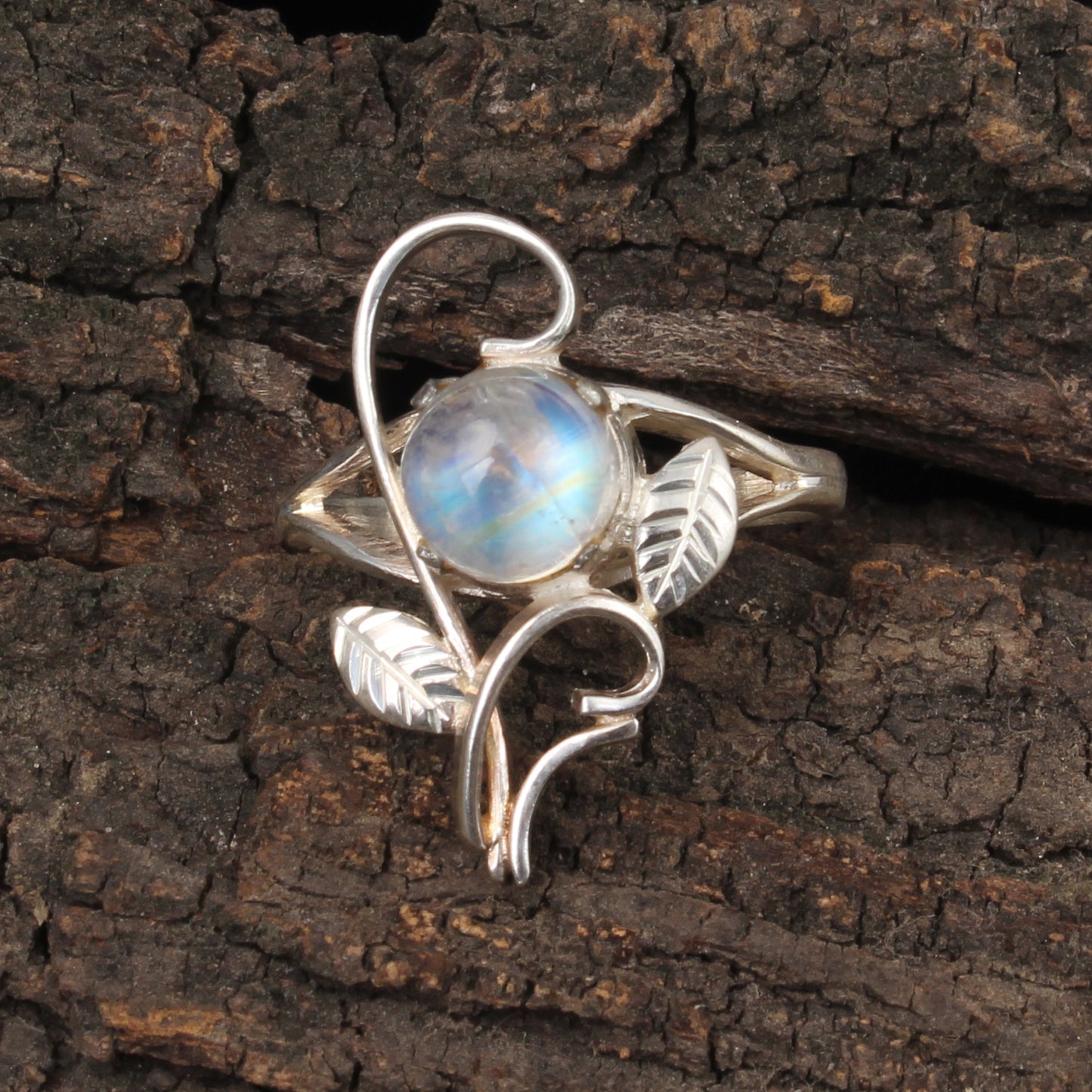 Designer Leaf Rainbow Moonstone Ring 925 Sterling Silver Natural Round Gemstone Prong Setting Ring
